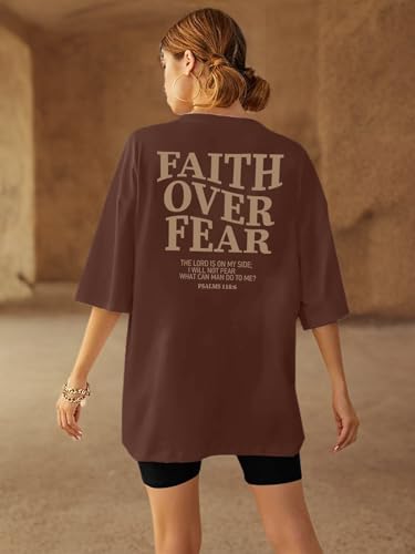 BANGELY Faith Over Fear Shirt Women Graphic Shirts Oversized Workout Gym Christian Religious Tees Drop Shoulder Tee Tops Grey