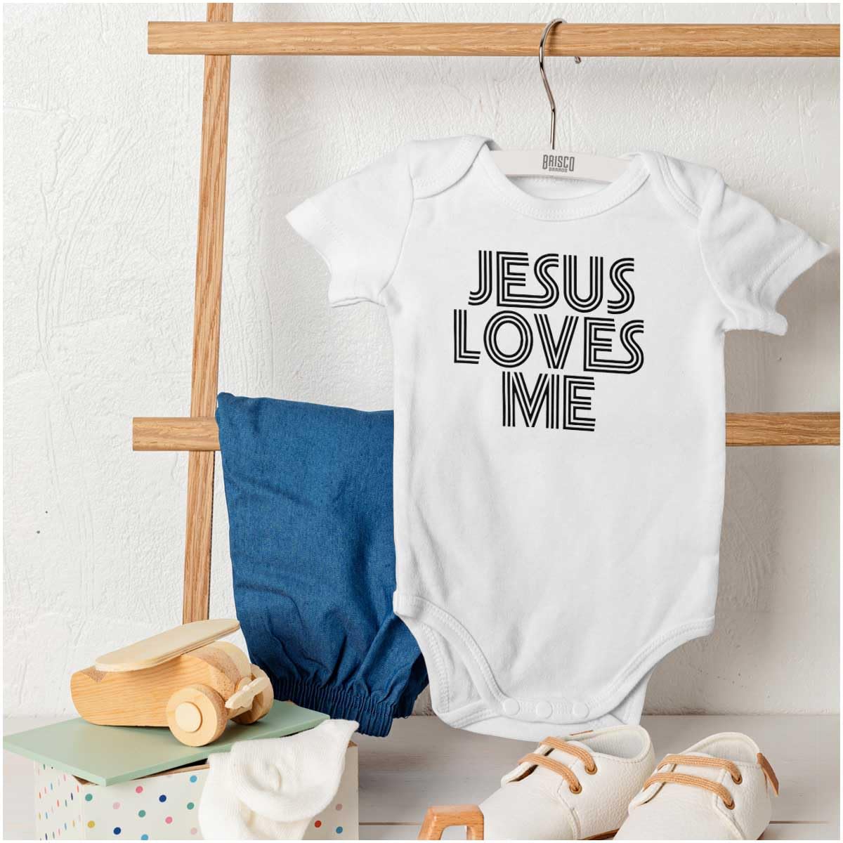 Brisco Brands Jesus Loves Me Retro Christian Baby Romper Boys or Girls