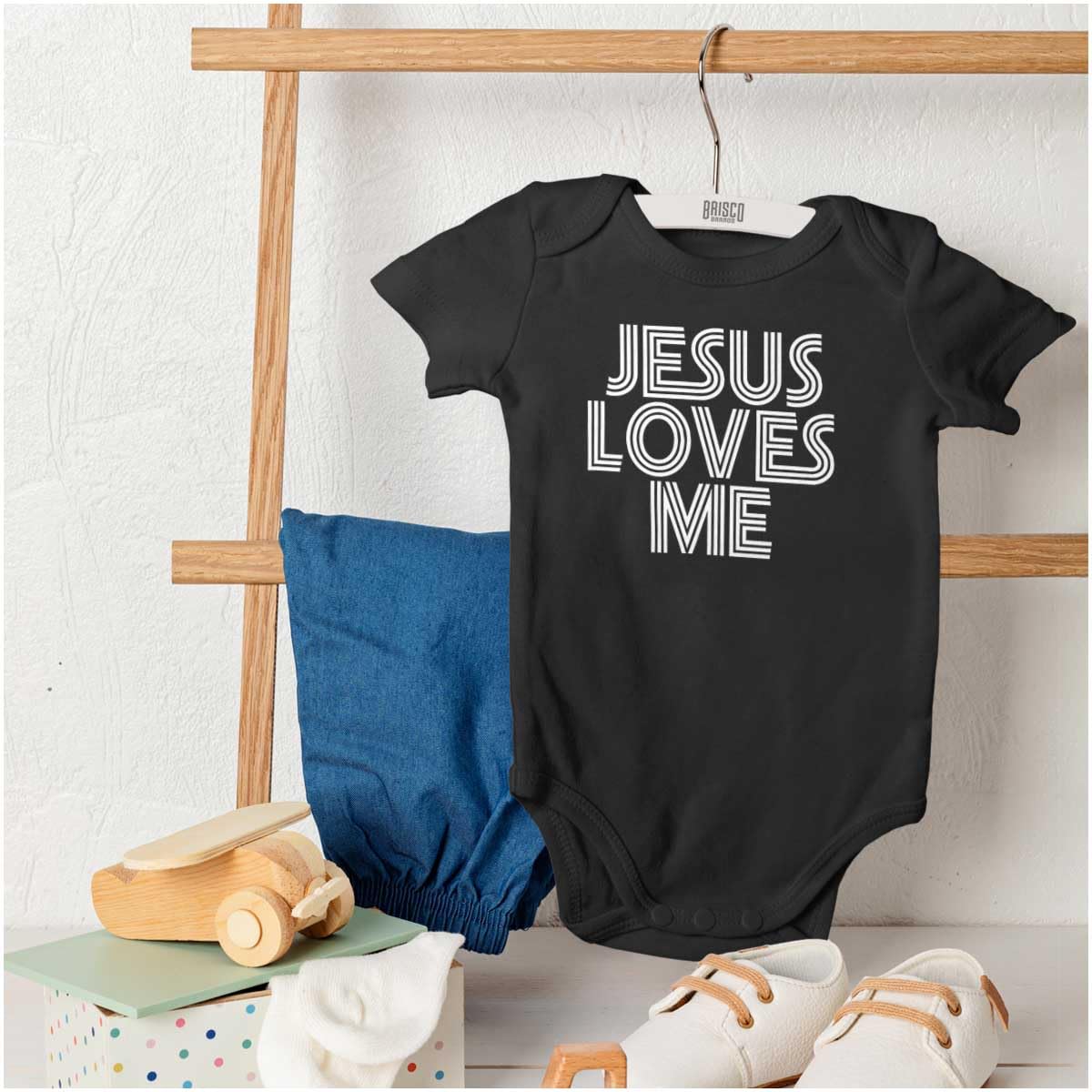 Brisco Brands Jesus Loves Me Retro Christian Baby Romper Boys or Girls
