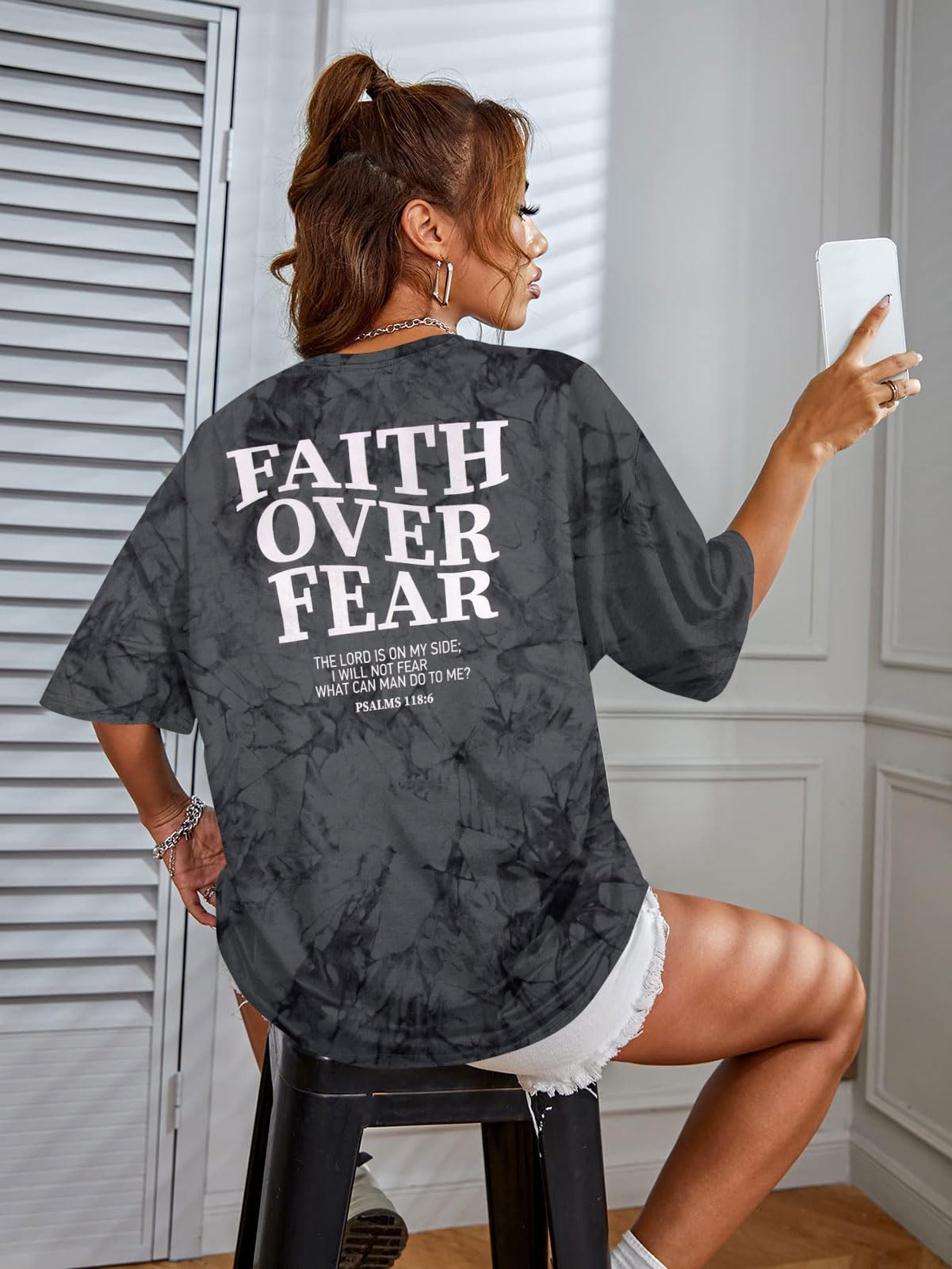 BANGELY Faith Over Fear Shirt Women Graphic Shirts Oversized Workout Gym Christian Religious Tees Drop Shoulder Tee Tops Grey