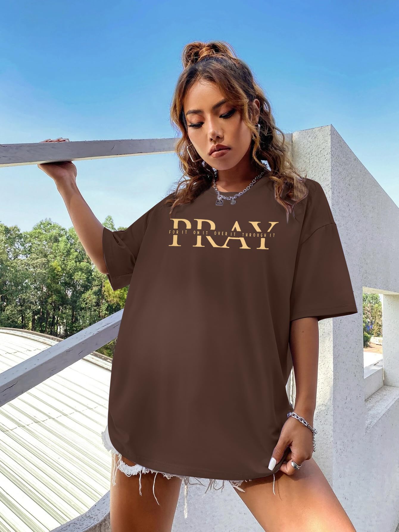 BANGELY Faith Over Fear Shirt Women Graphic Shirts Oversized Workout Gym Christian Religious Tees Drop Shoulder Tee Tops Grey