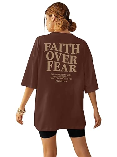 BANGELY Faith Over Fear Shirt Women Graphic Shirts Oversized Workout Gym Christian Religious Tees Drop Shoulder Tee Tops Grey