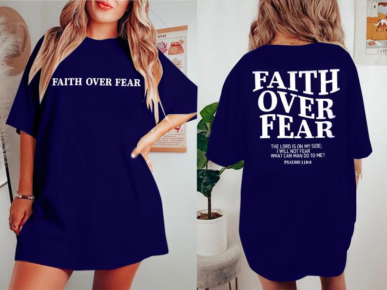 BANGELY Faith Over Fear Shirt Women Graphic Shirts Oversized Workout Gym Christian Religious Tees Drop Shoulder Tee Tops Grey