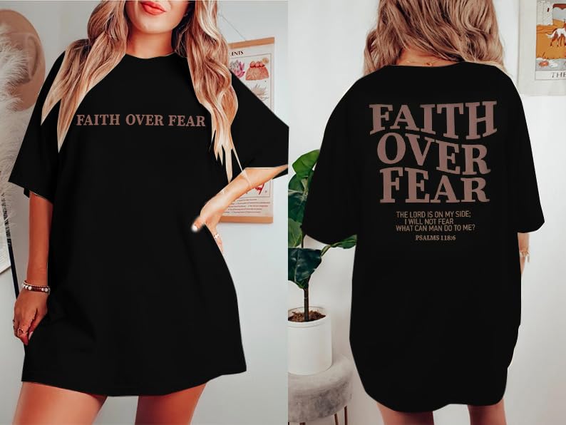 BANGELY Faith Over Fear Shirt Women Graphic Shirts Oversized Workout Gym Christian Religious Tees Drop Shoulder Tee Tops Grey