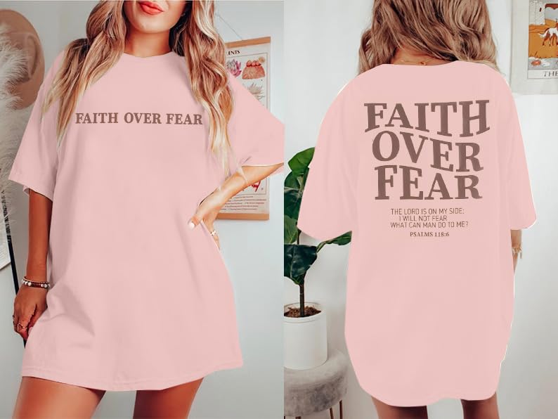 BANGELY Faith Over Fear Shirt Women Graphic Shirts Oversized Workout Gym Christian Religious Tees Drop Shoulder Tee Tops Grey