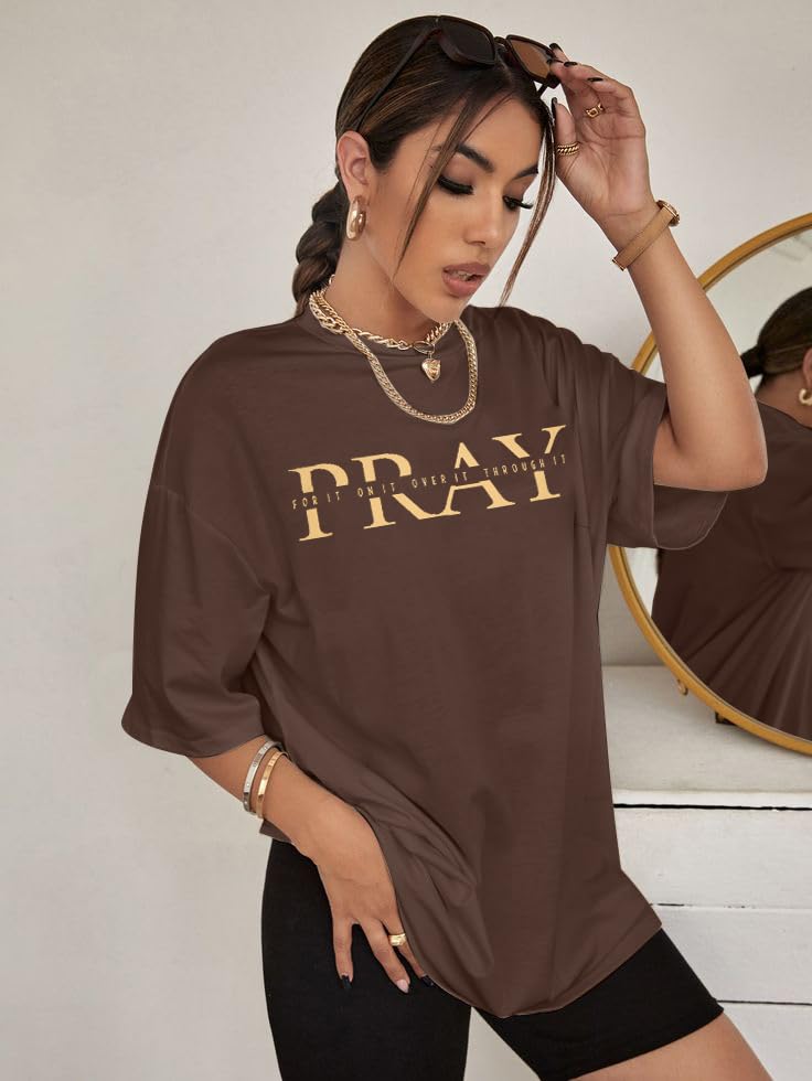 BANGELY Faith Over Fear Shirt Women Graphic Shirts Oversized Workout Gym Christian Religious Tees Drop Shoulder Tee Tops Grey