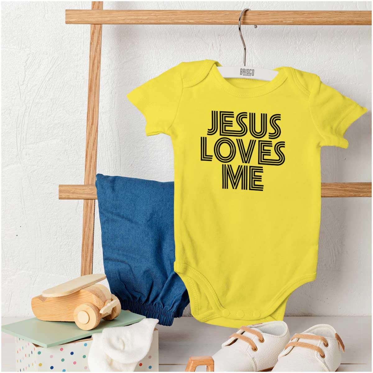 Brisco Brands Jesus Loves Me Retro Christian Baby Romper Boys or Girls