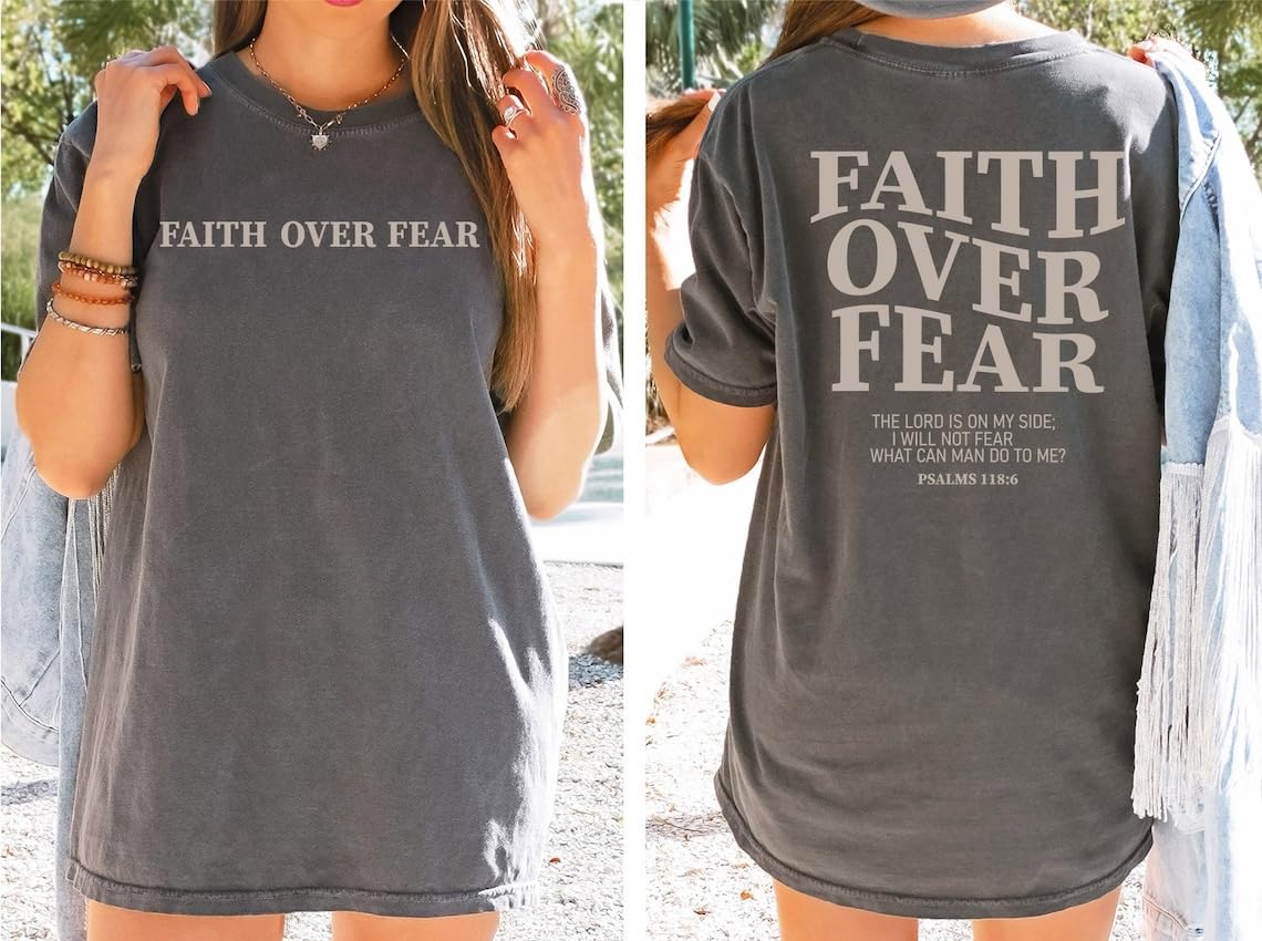 BANGELY Faith Over Fear Shirt Women Graphic Shirts Oversized Workout Gym Christian Religious Tees Drop Shoulder Tee Tops Grey