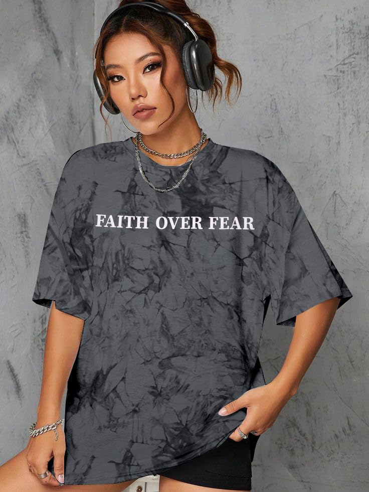 BANGELY Faith Over Fear Shirt Women Graphic Shirts Oversized Workout Gym Christian Religious Tees Drop Shoulder Tee Tops Grey