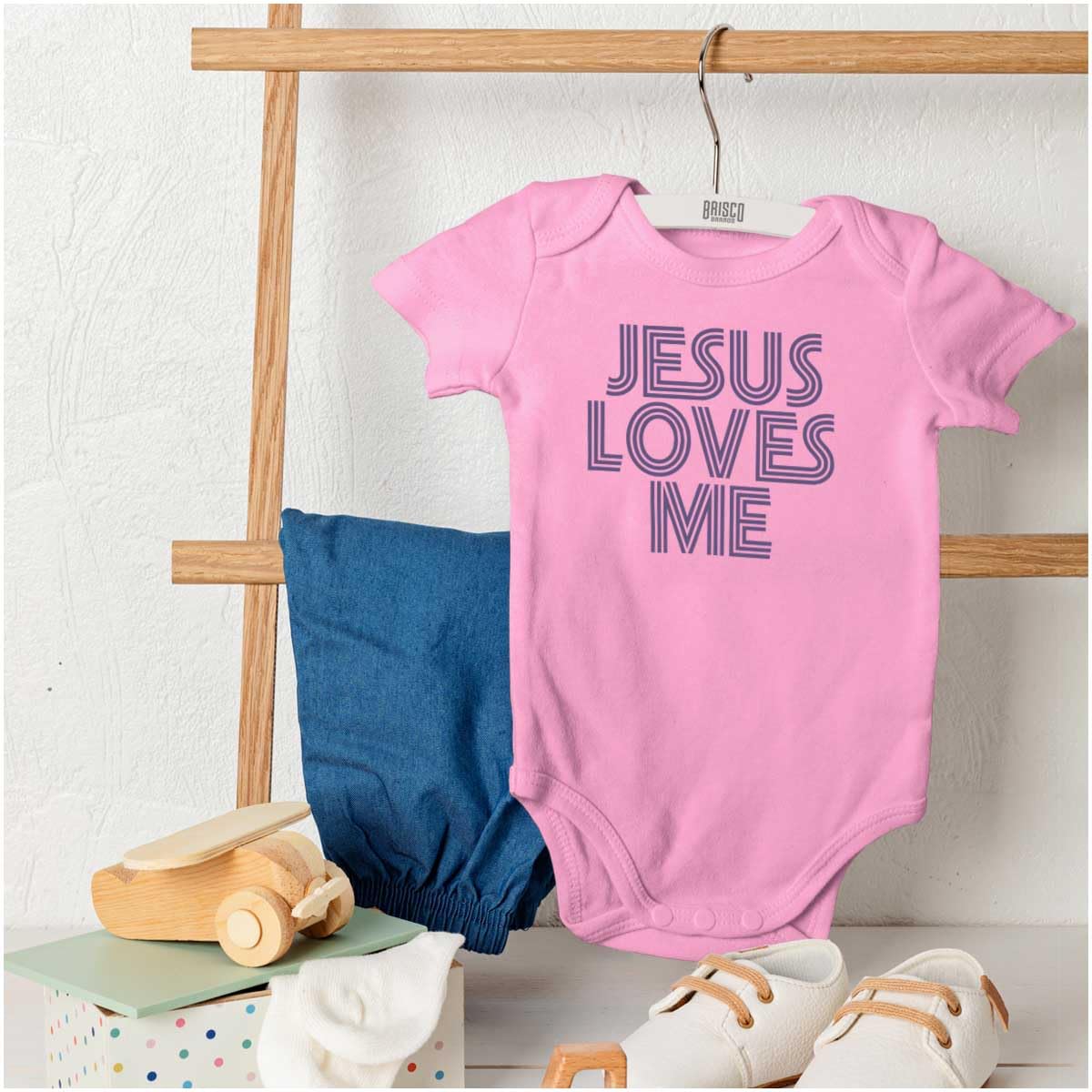 Brisco Brands Jesus Loves Me Retro Christian Baby Romper Boys or Girls