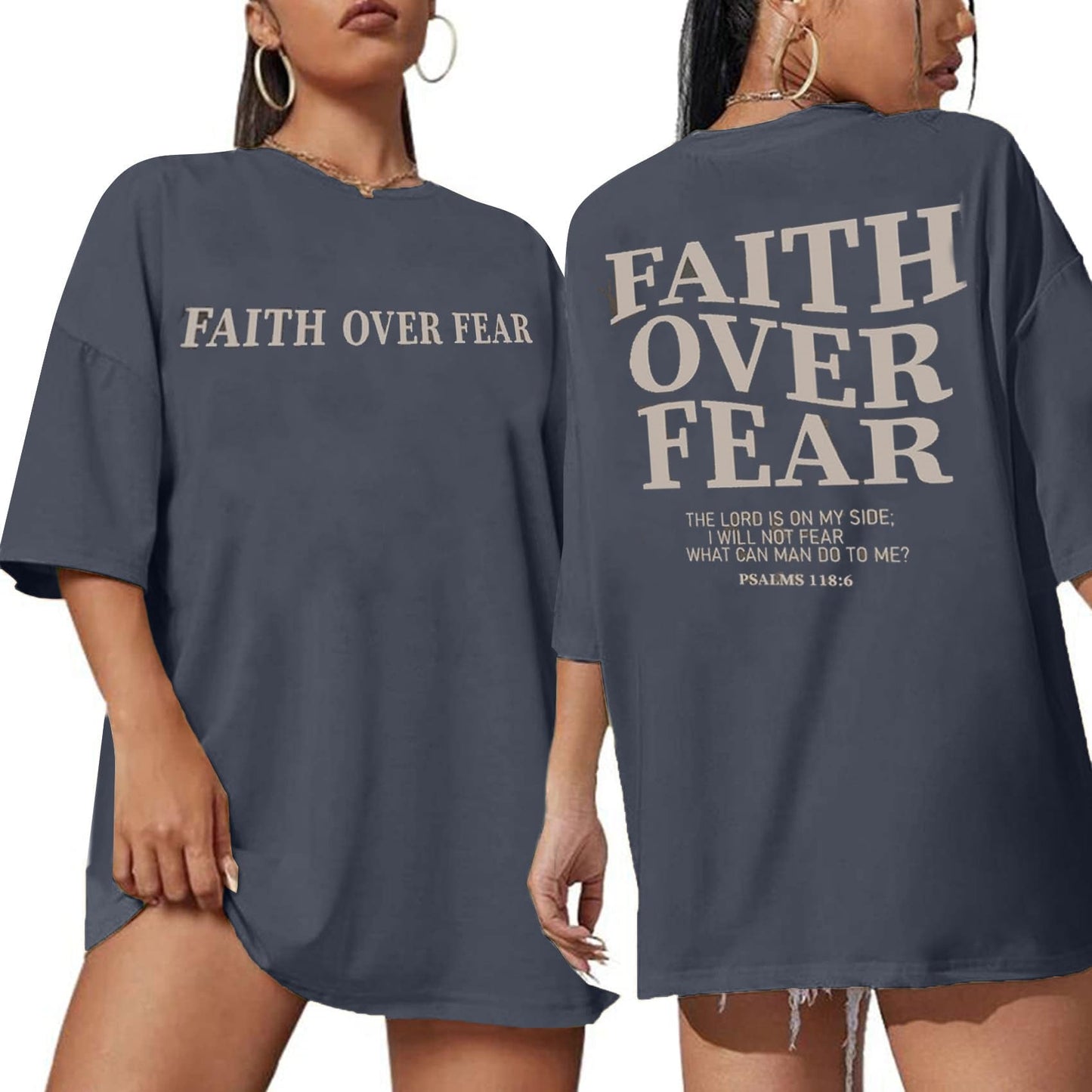 BANGELY Faith Over Fear Shirt Women Graphic Shirts Oversized Workout Gym Christian Religious Tees Drop Shoulder Tee Tops Grey