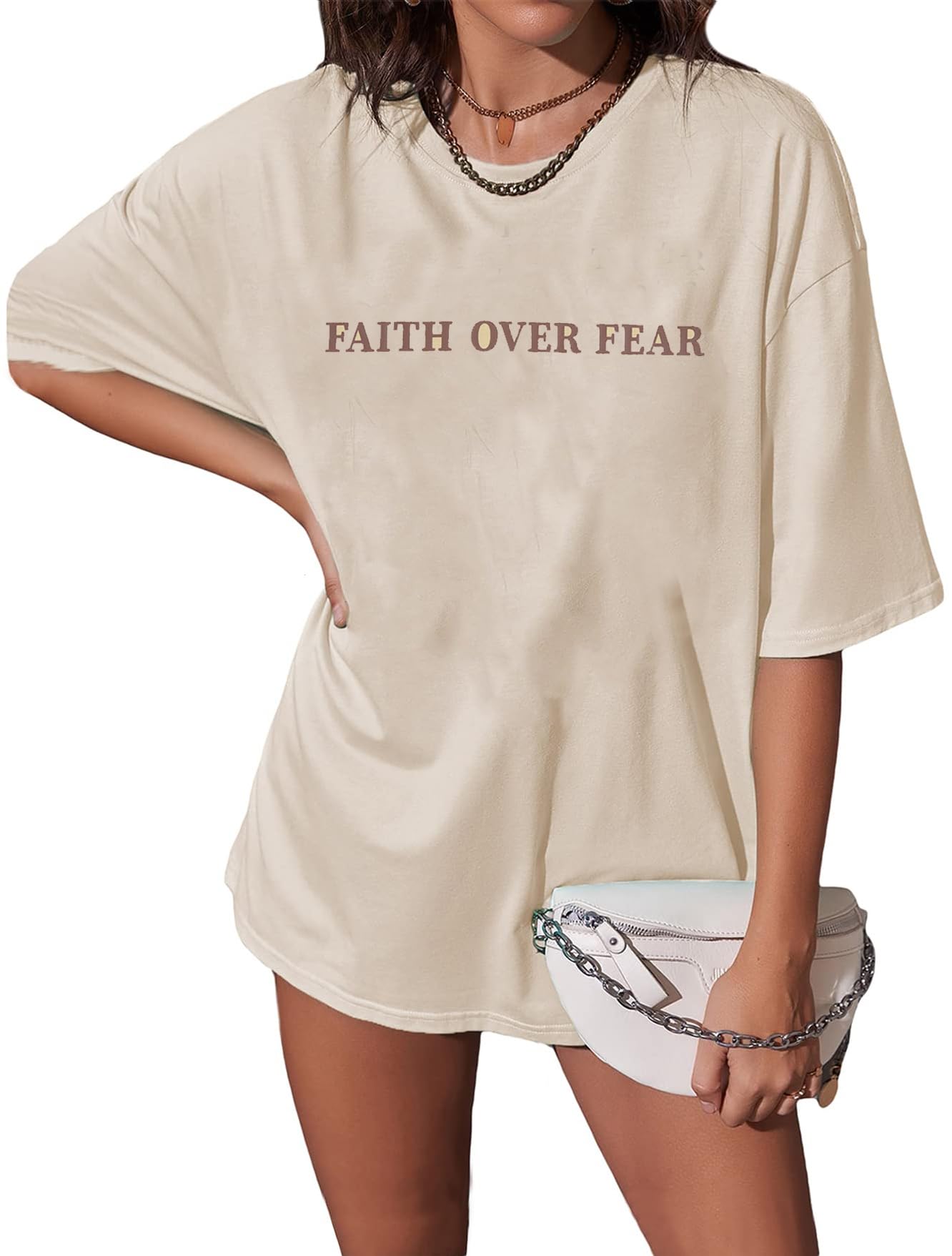 BANGELY Faith Over Fear Shirt Women Graphic Shirts Oversized Workout Gym Christian Religious Tees Drop Shoulder Tee Tops Grey