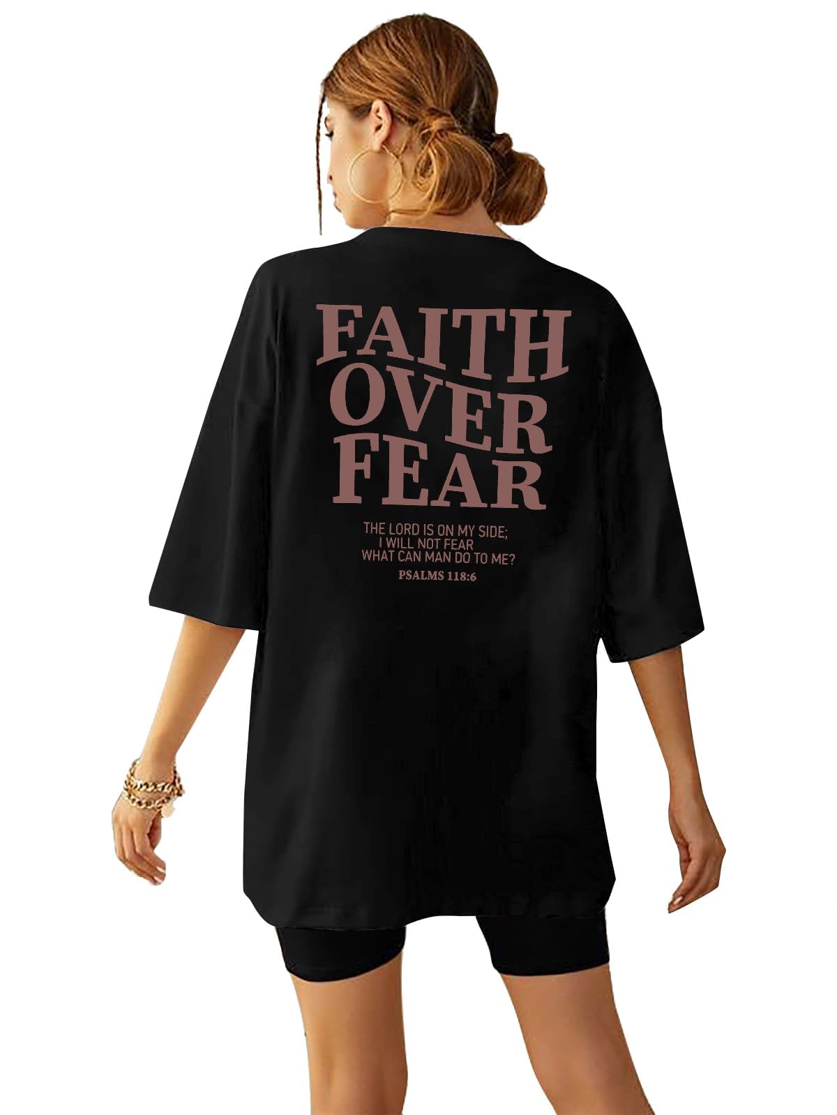 BANGELY Faith Over Fear Shirt Women Graphic Shirts Oversized Workout Gym Christian Religious Tees Drop Shoulder Tee Tops Grey