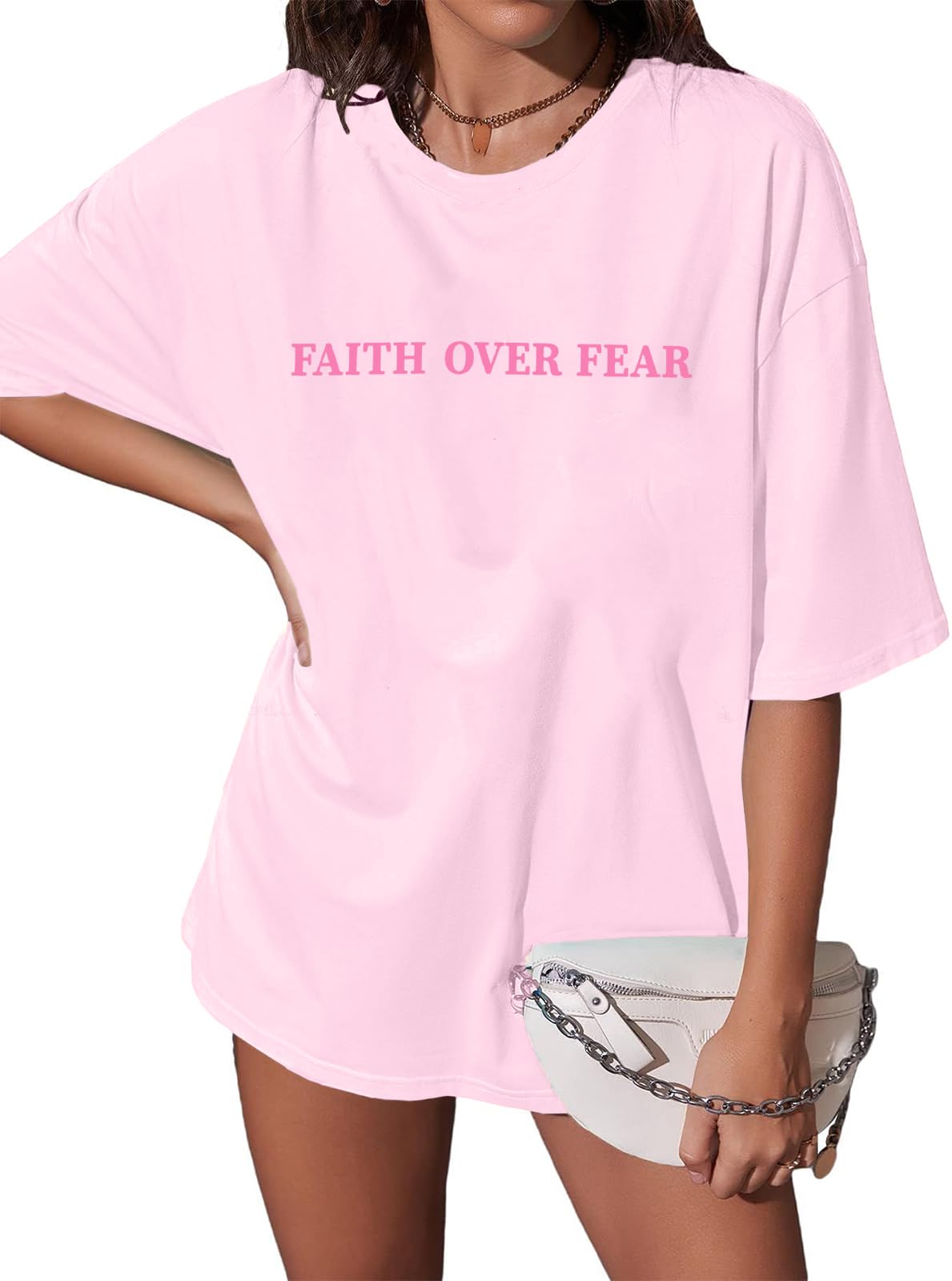 BANGELY Faith Over Fear Shirt Women Graphic Shirts Oversized Workout Gym Christian Religious Tees Drop Shoulder Tee Tops Grey