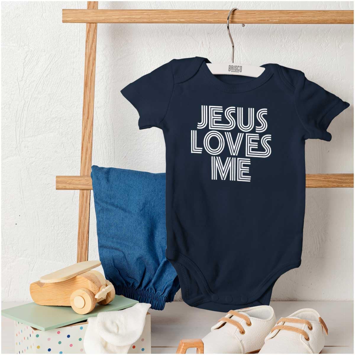 Brisco Brands Jesus Loves Me Retro Christian Baby Romper Boys or Girls