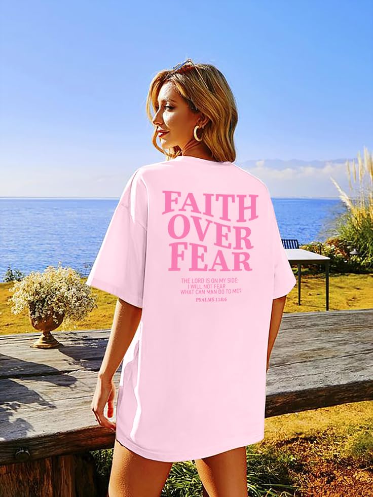 BANGELY Faith Over Fear Shirt Women Graphic Shirts Oversized Workout Gym Christian Religious Tees Drop Shoulder Tee Tops Grey