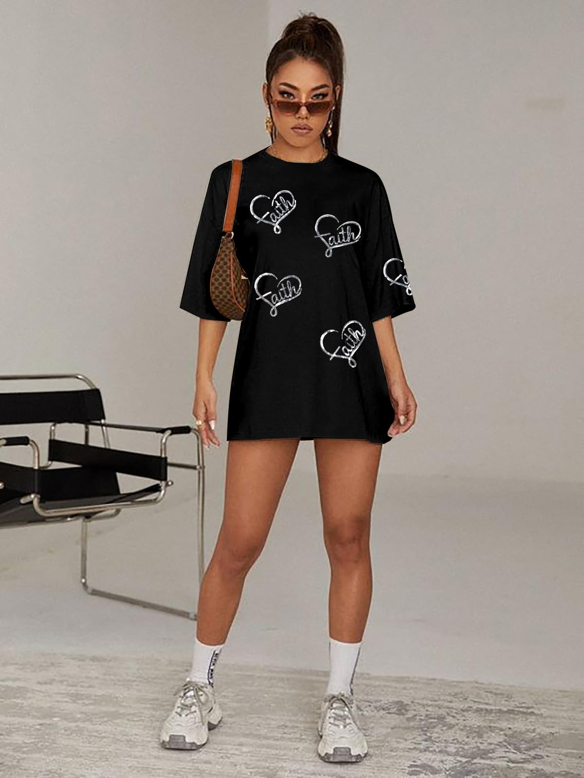 BANGELY Faith Over Fear Shirt Women Graphic Shirts Oversized Workout Gym Christian Religious Tees Drop Shoulder Tee Tops Grey