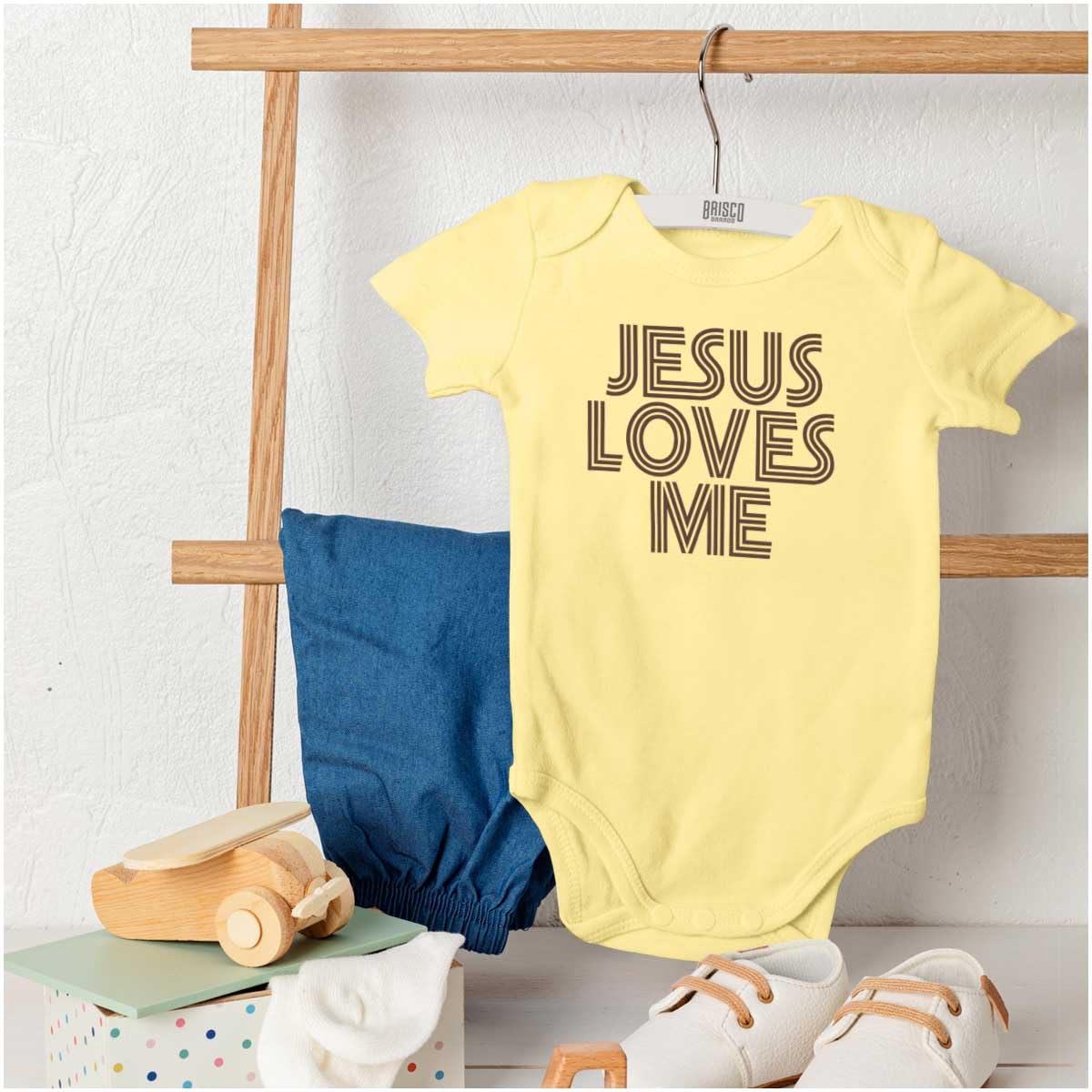 Brisco Brands Jesus Loves Me Retro Christian Baby Romper Boys or Girls