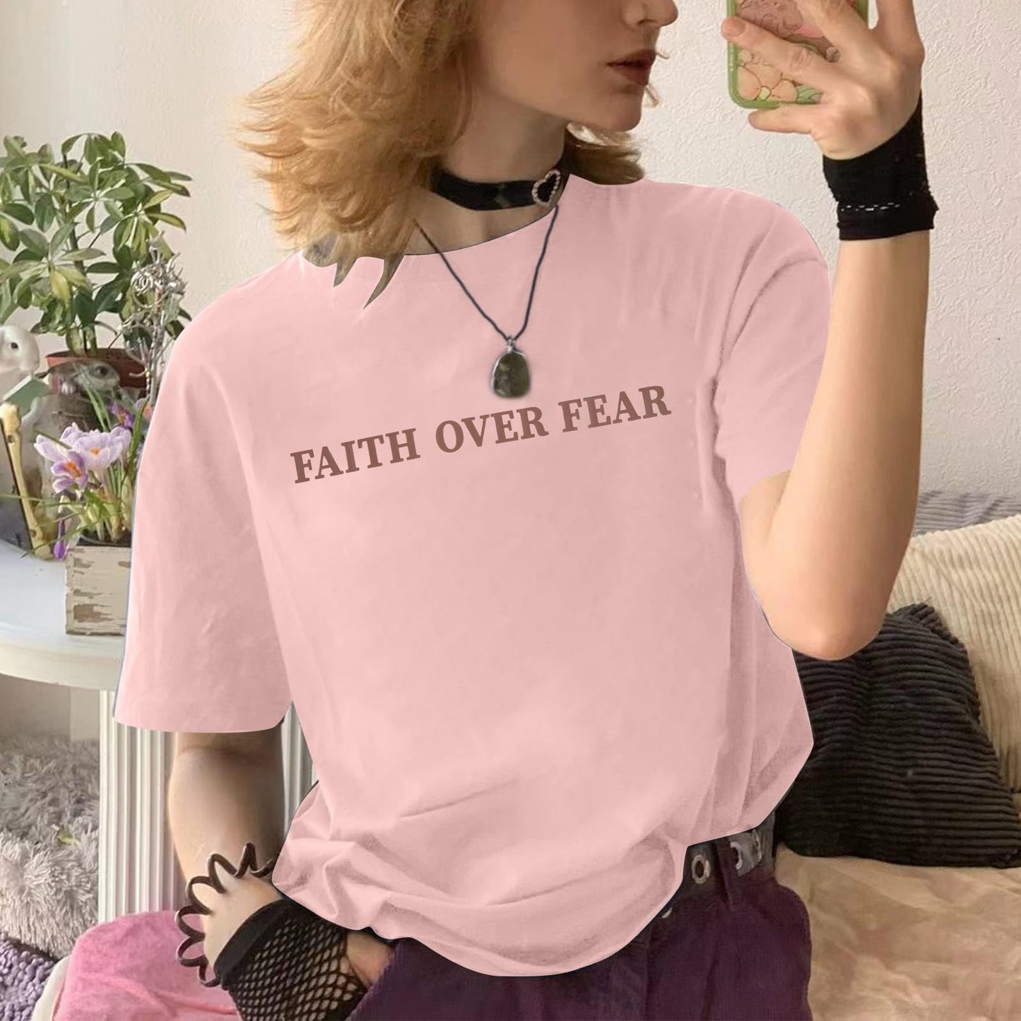 BANGELY Faith Over Fear Shirt Women Graphic Shirts Oversized Workout Gym Christian Religious Tees Drop Shoulder Tee Tops Grey