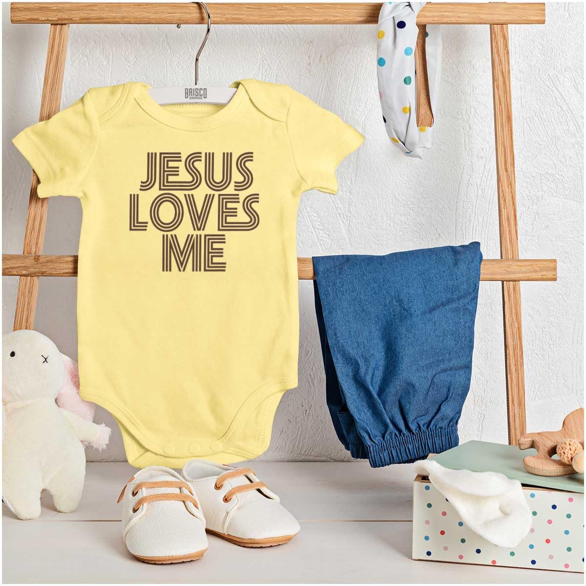 Brisco Brands Jesus Loves Me Retro Christian Baby Romper Boys or Girls