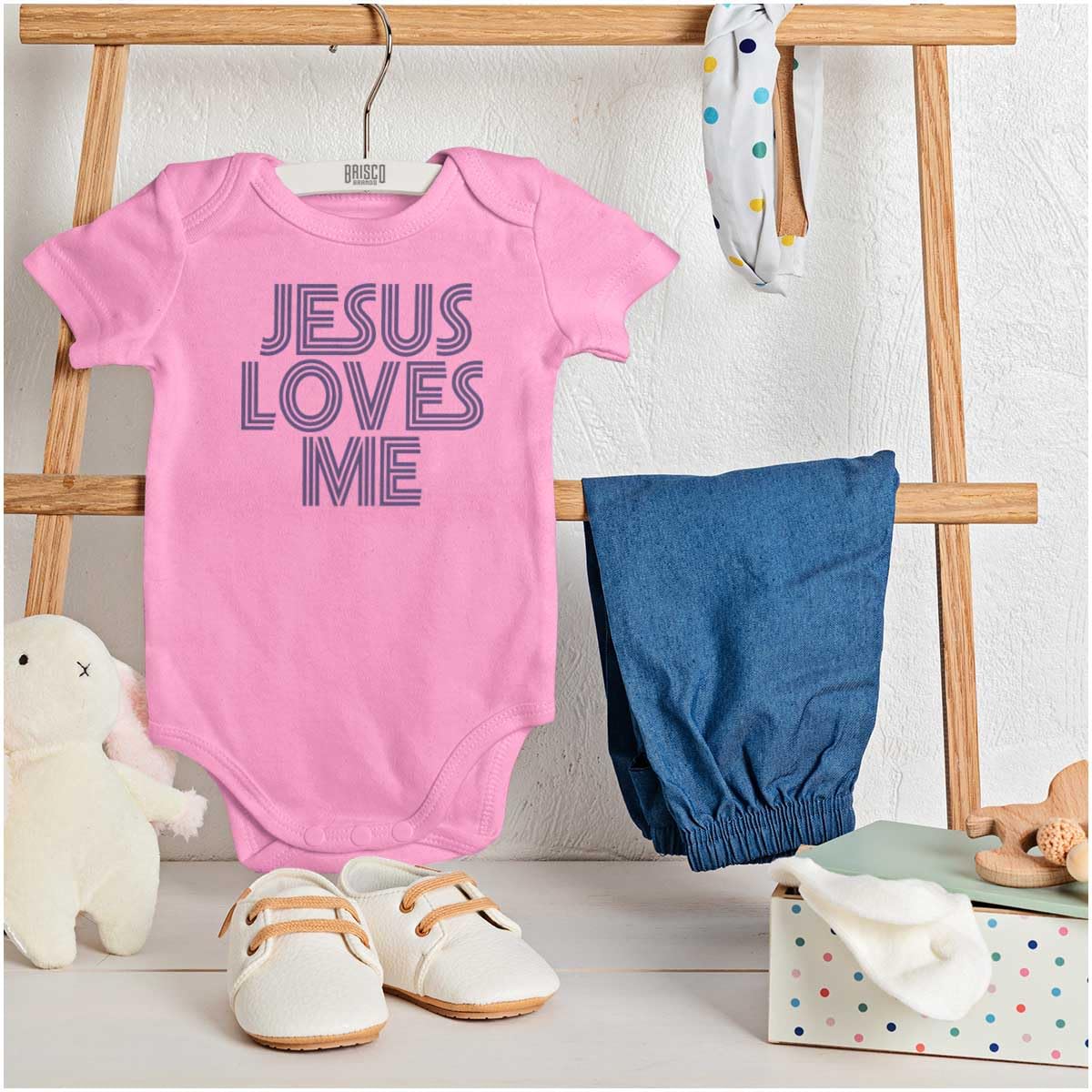 Brisco Brands Jesus Loves Me Retro Christian Baby Romper Boys or Girls