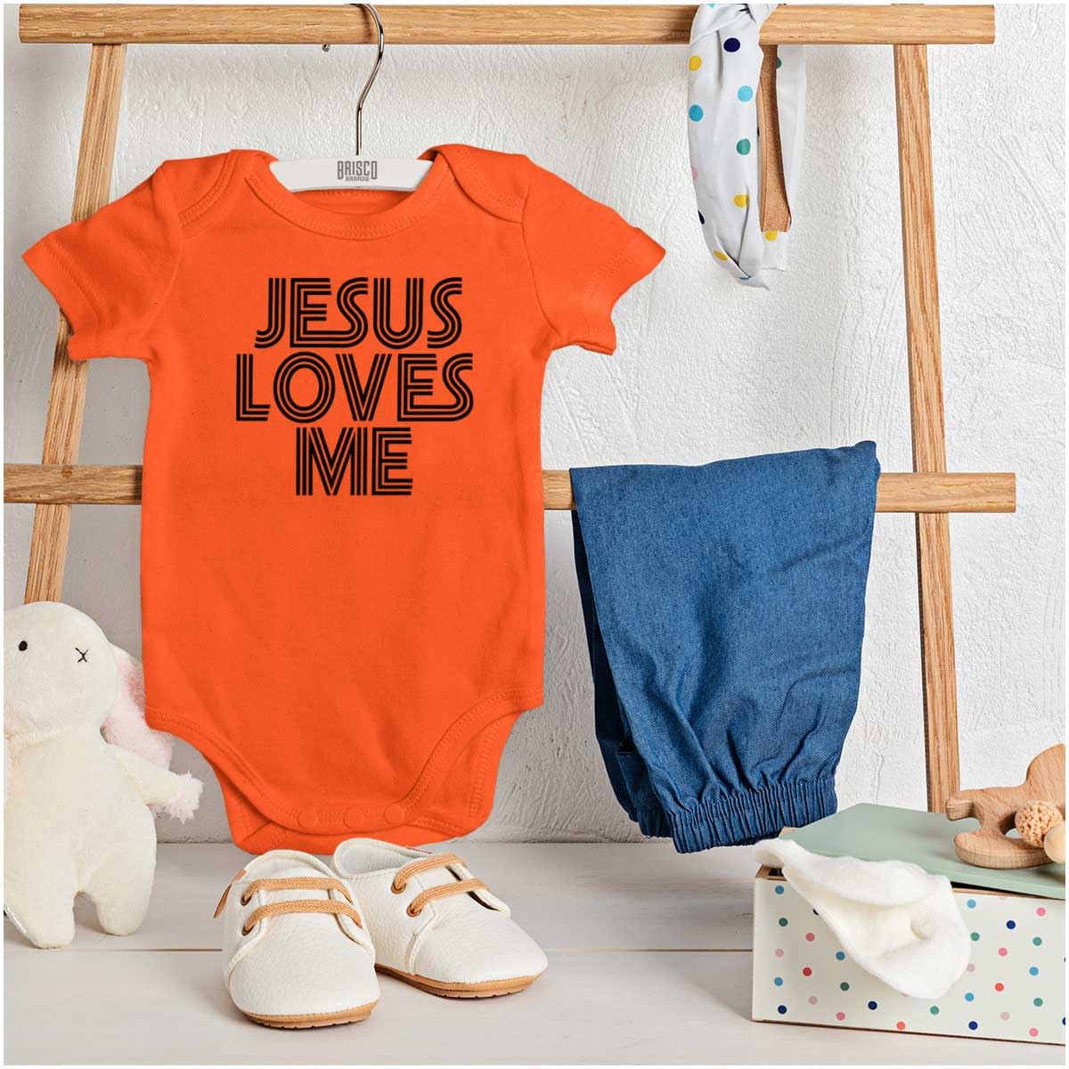 Brisco Brands Jesus Loves Me Retro Christian Baby Romper Boys or Girls
