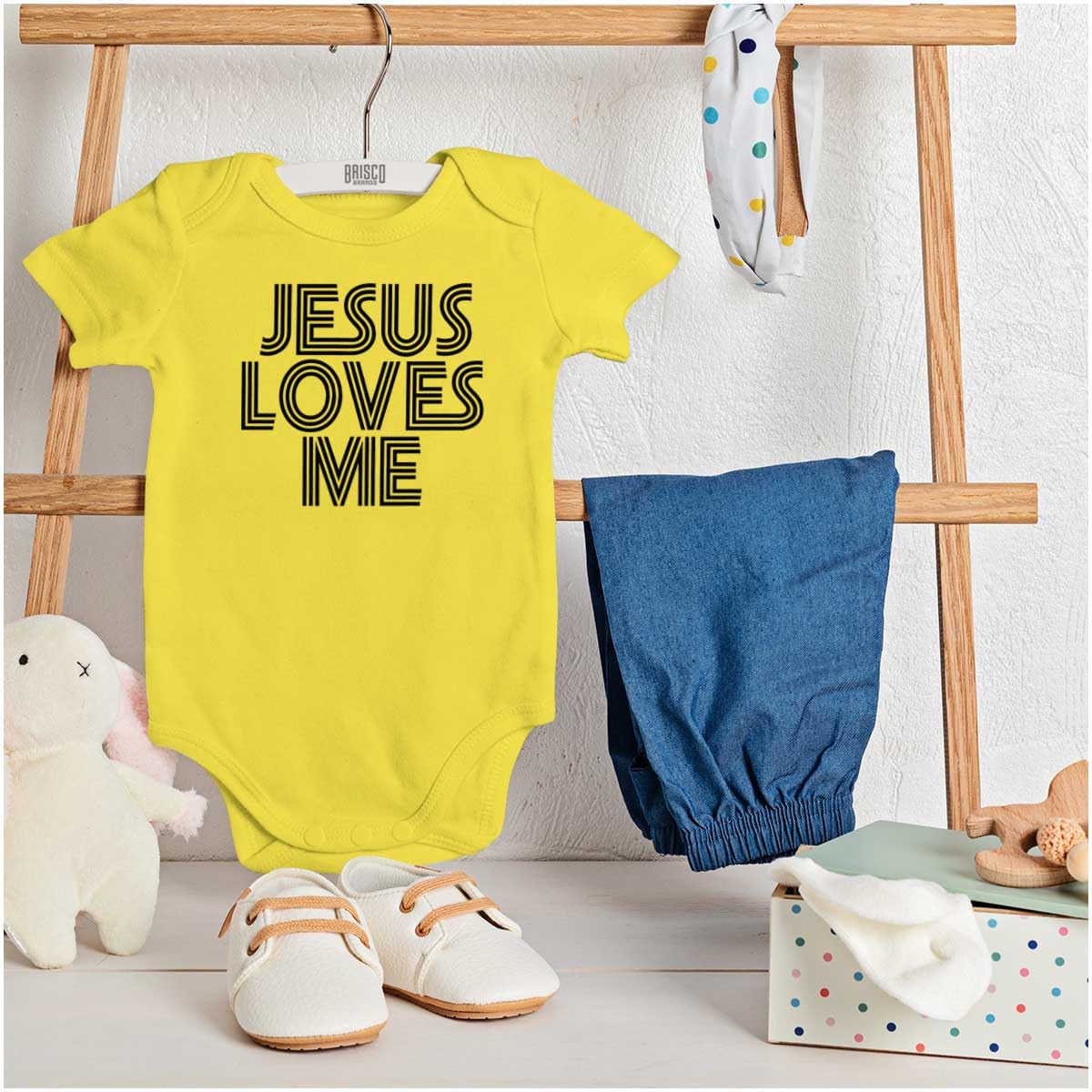 Brisco Brands Jesus Loves Me Retro Christian Baby Romper Boys or Girls