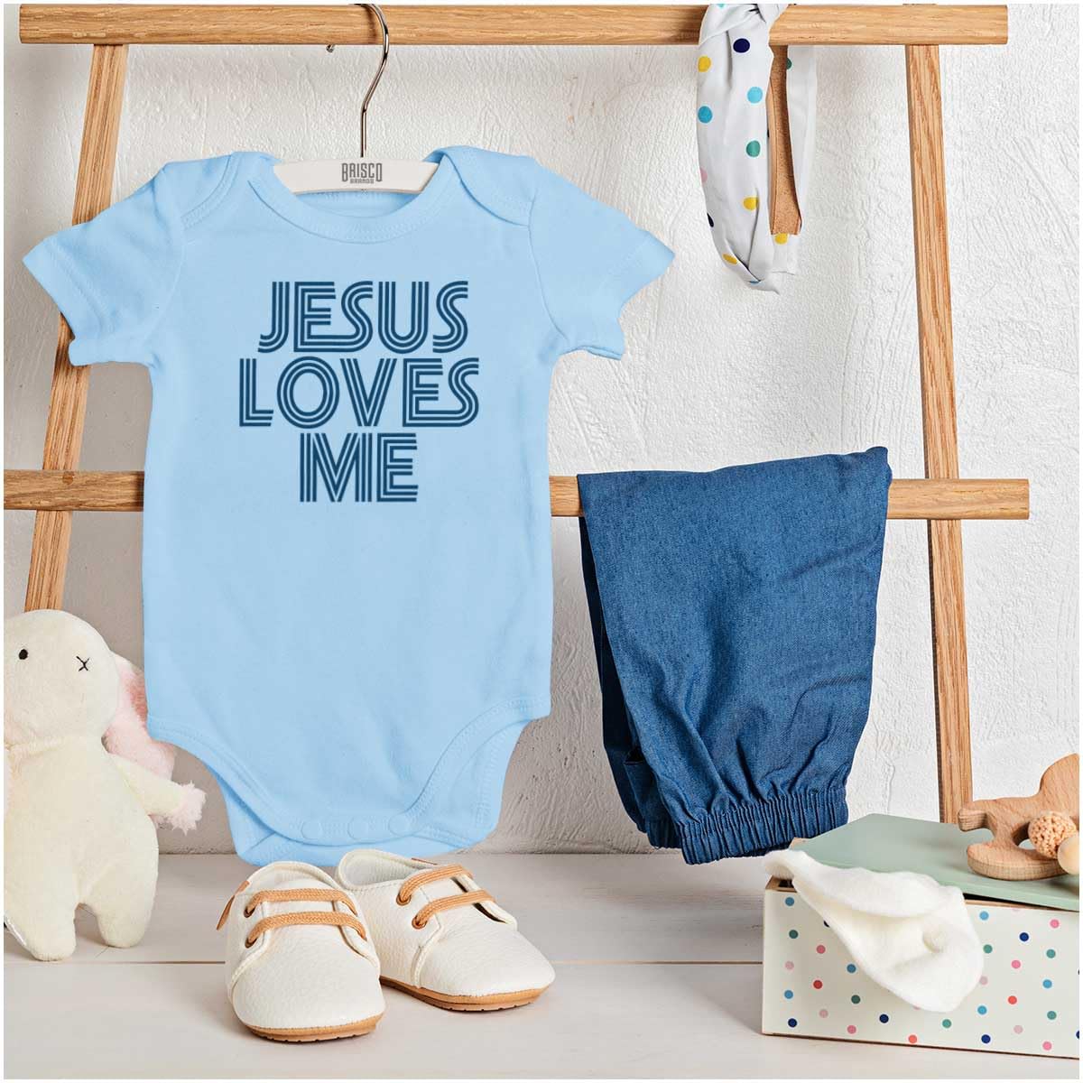 Brisco Brands Jesus Loves Me Retro Christian Baby Romper Boys or Girls