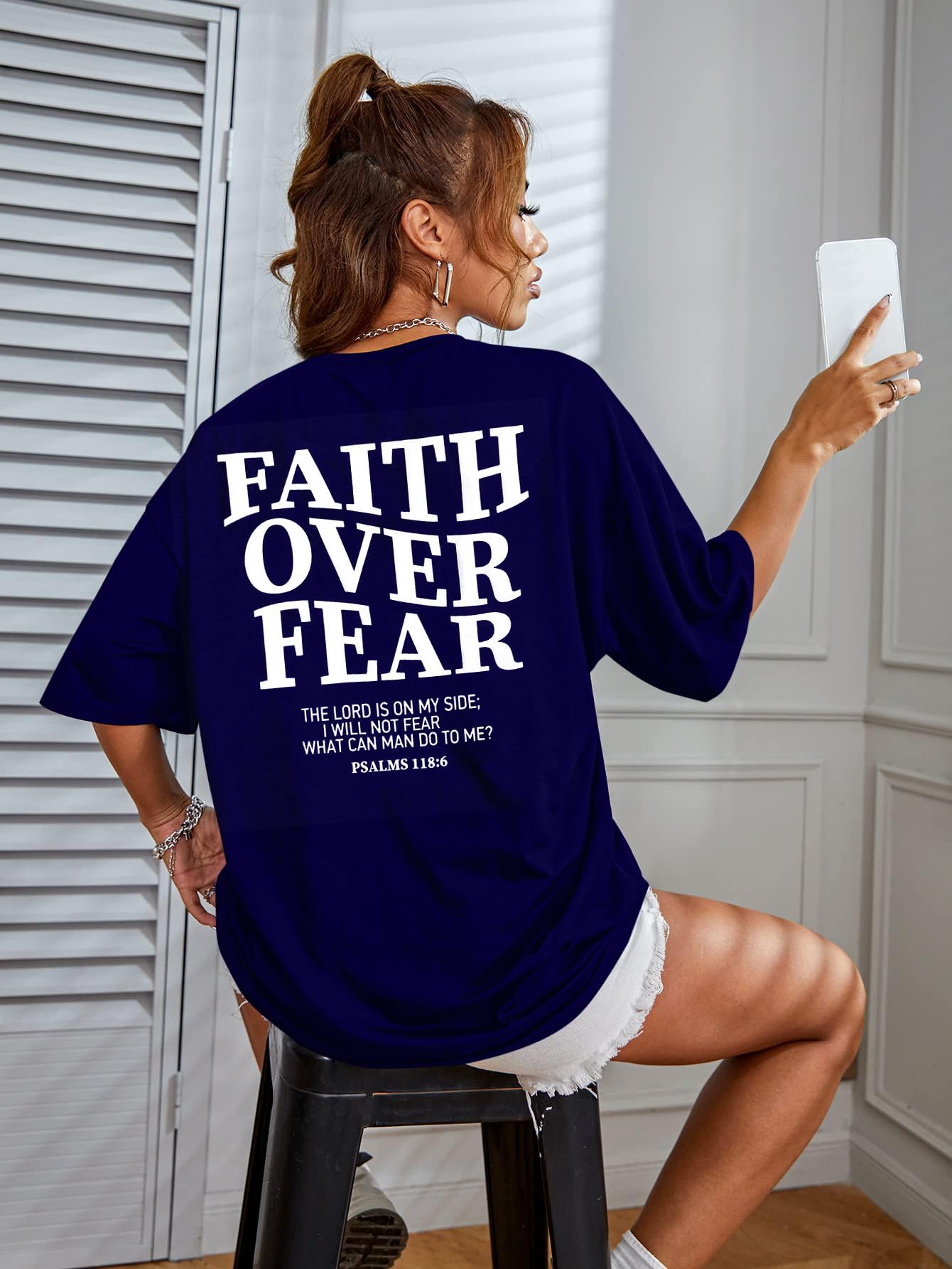BANGELY Faith Over Fear Shirt Women Graphic Shirts Oversized Workout Gym Christian Religious Tees Drop Shoulder Tee Tops Grey