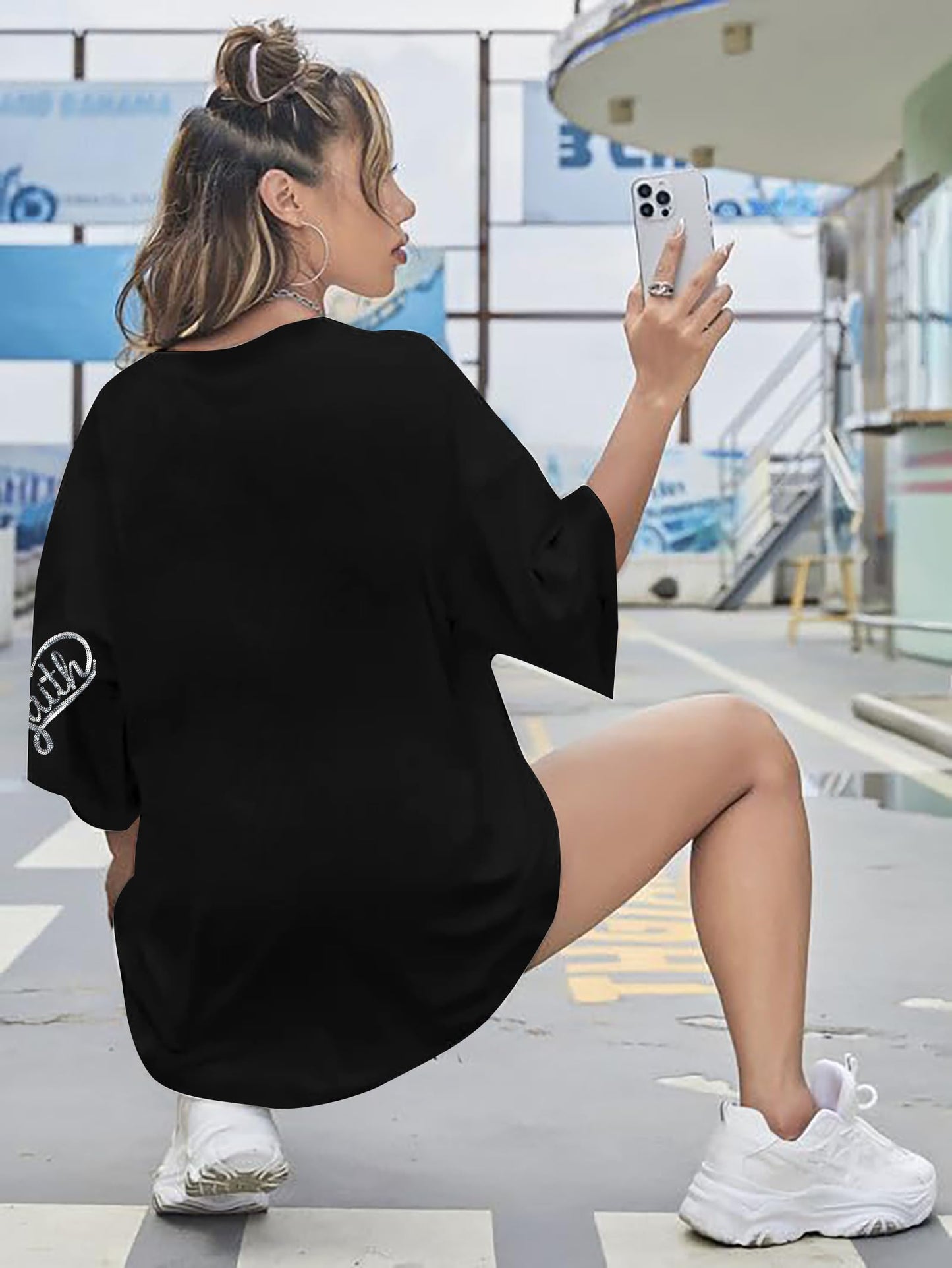 BANGELY Faith Over Fear Shirt Women Graphic Shirts Oversized Workout Gym Christian Religious Tees Drop Shoulder Tee Tops Grey