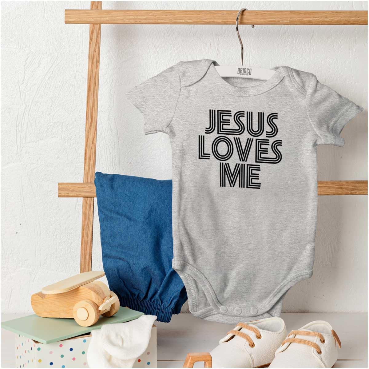 Brisco Brands Jesus Loves Me Retro Christian Baby Romper Boys or Girls