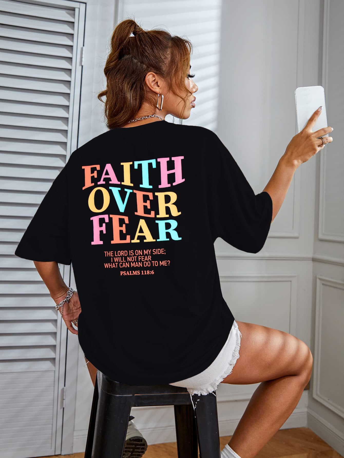 BANGELY Faith Over Fear Shirt Women Graphic Shirts Oversized Workout Gym Christian Religious Tees Drop Shoulder Tee Tops Grey