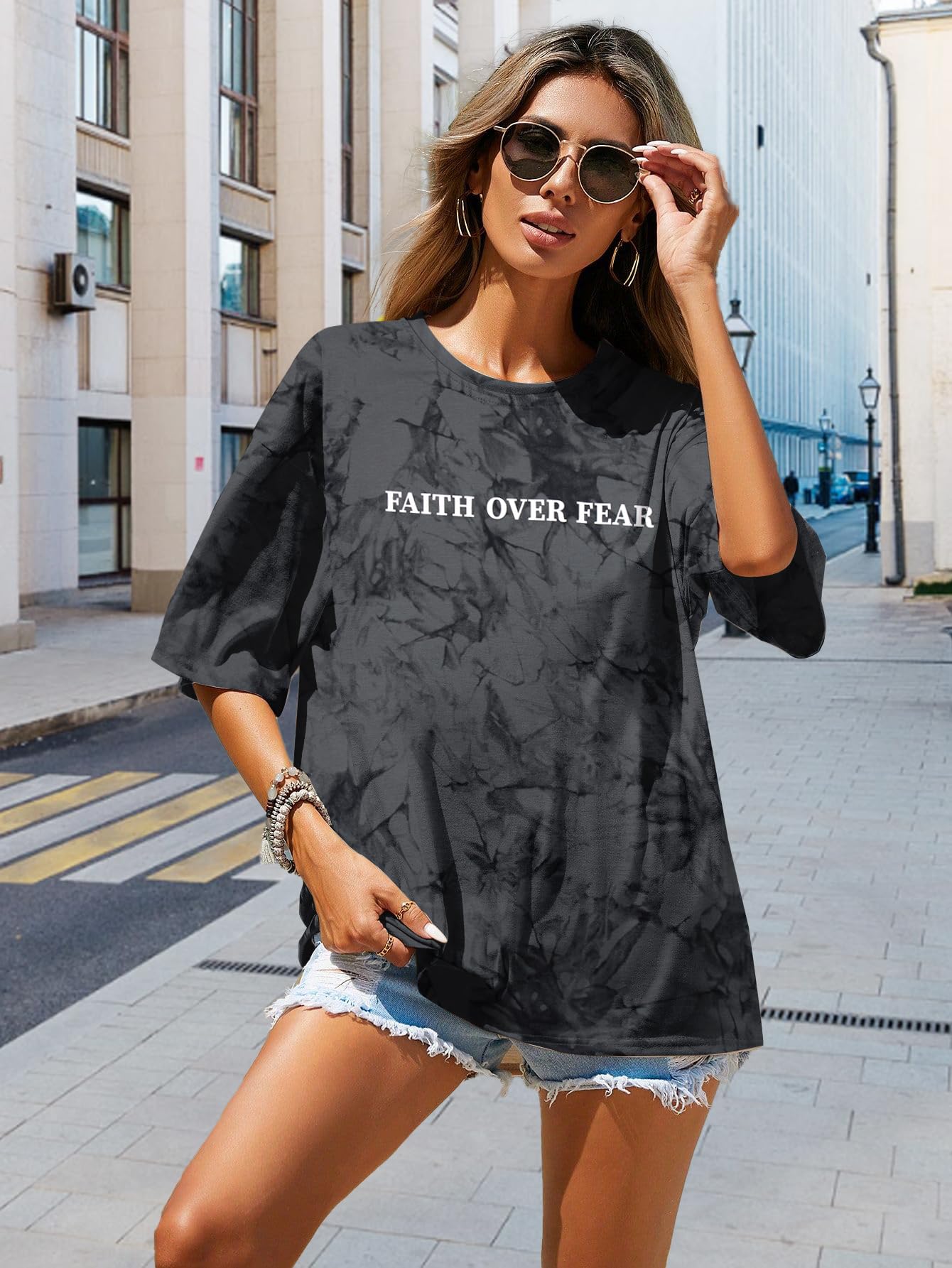 BANGELY Faith Over Fear Shirt Women Graphic Shirts Oversized Workout Gym Christian Religious Tees Drop Shoulder Tee Tops Grey