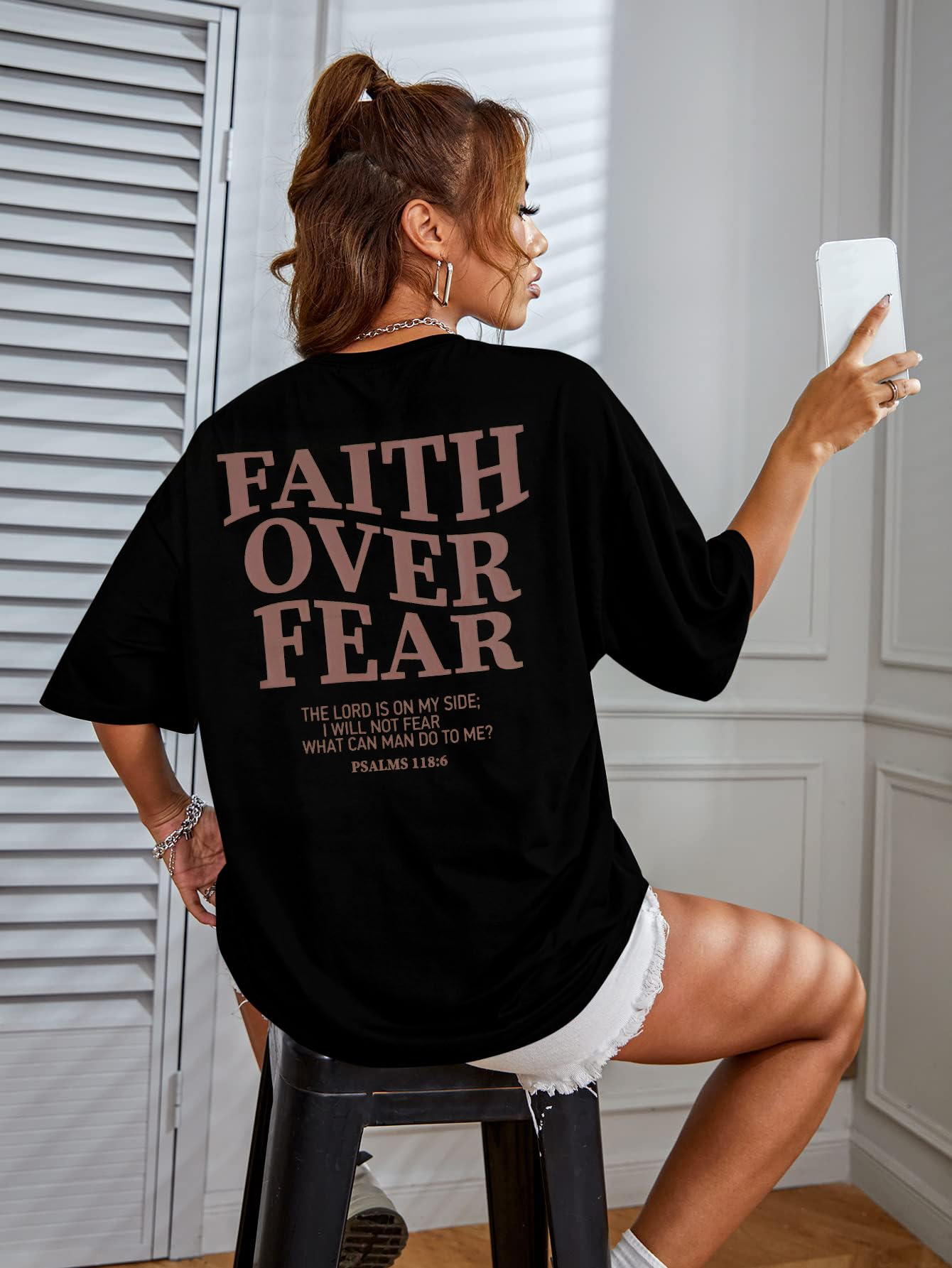BANGELY Faith Over Fear Shirt Women Graphic Shirts Oversized Workout Gym Christian Religious Tees Drop Shoulder Tee Tops Grey