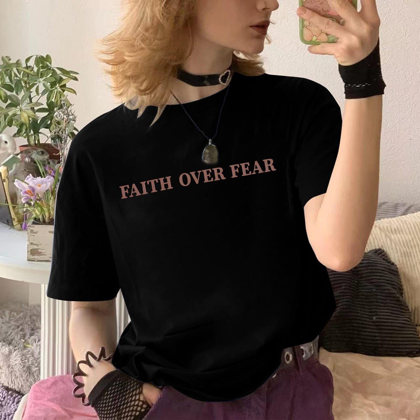 BANGELY Faith Over Fear Shirt Women Graphic Shirts Oversized Workout Gym Christian Religious Tees Drop Shoulder Tee Tops Grey