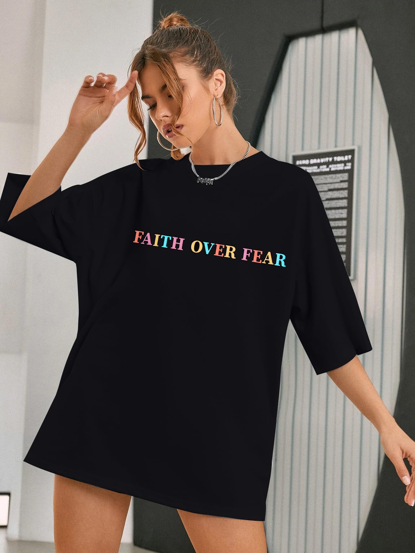 BANGELY Faith Over Fear Shirt Women Graphic Shirts Oversized Workout Gym Christian Religious Tees Drop Shoulder Tee Tops Grey