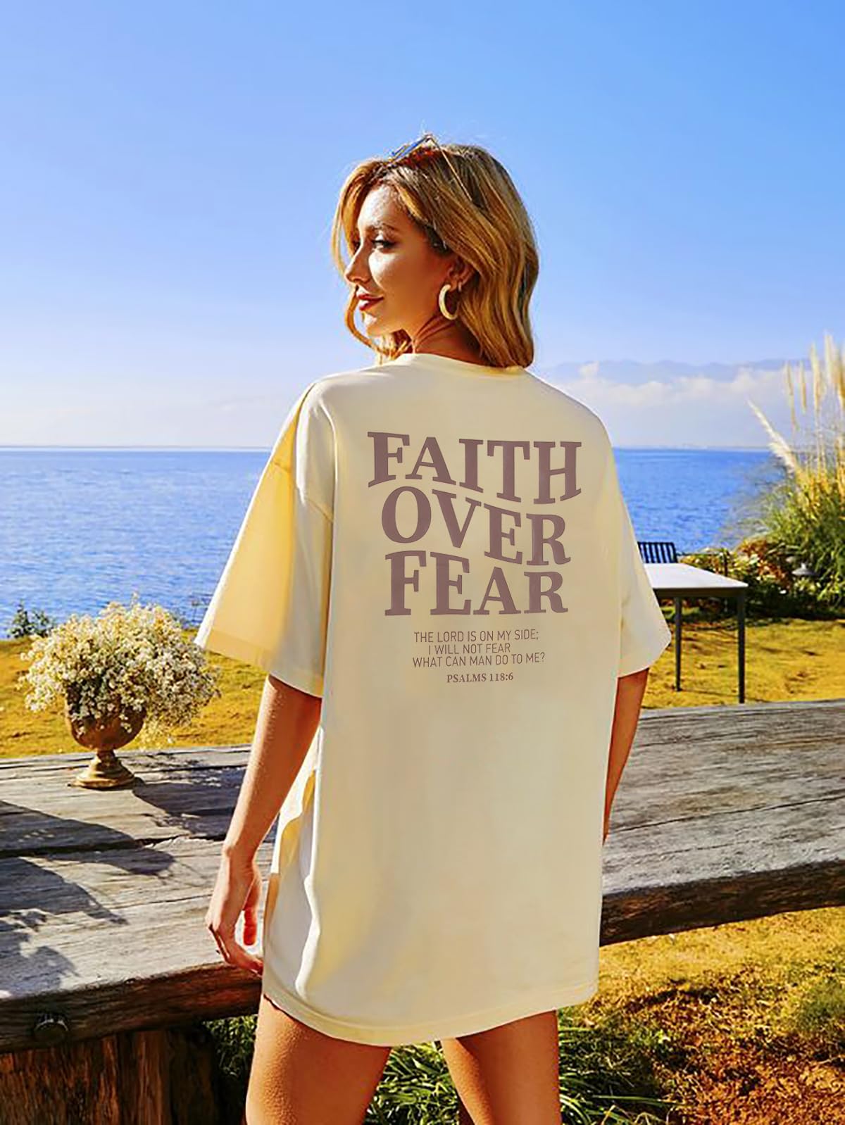 BANGELY Faith Over Fear Shirt Women Graphic Shirts Oversized Workout Gym Christian Religious Tees Drop Shoulder Tee Tops Grey