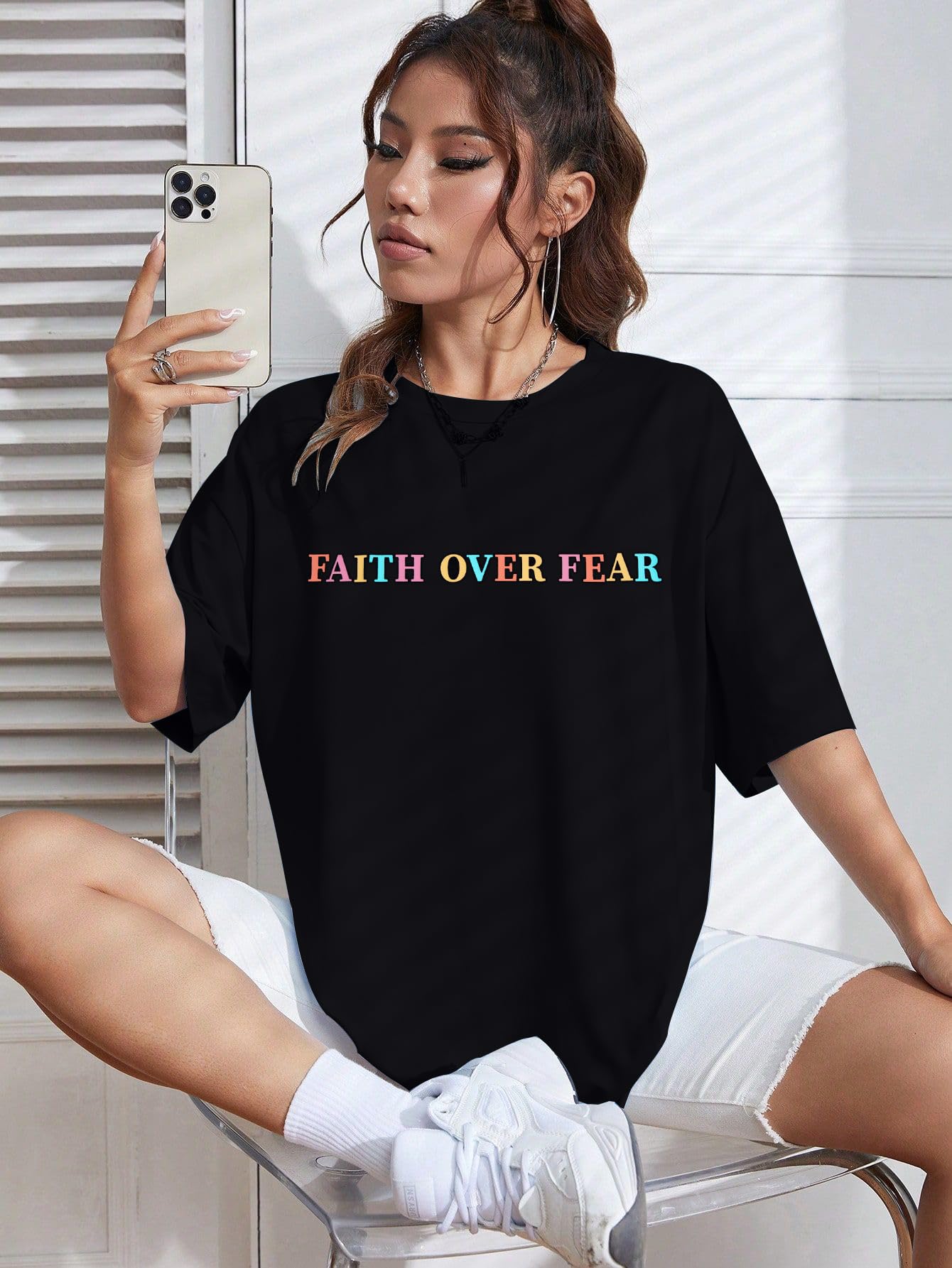 BANGELY Faith Over Fear Shirt Women Graphic Shirts Oversized Workout Gym Christian Religious Tees Drop Shoulder Tee Tops Grey