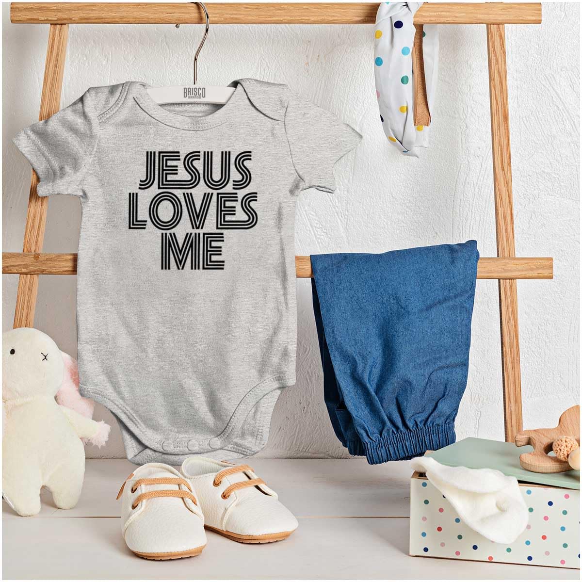 Brisco Brands Jesus Loves Me Retro Christian Baby Romper Boys or Girls