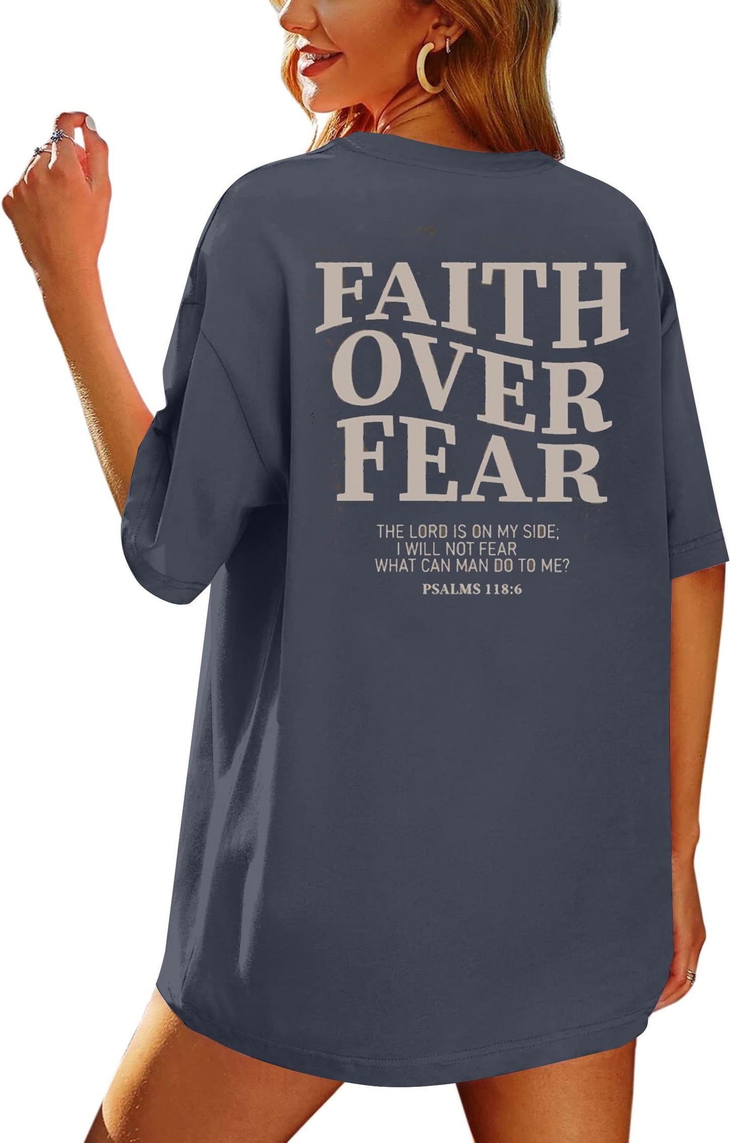 BANGELY Faith Over Fear Shirt Women Graphic Shirts Oversized Workout Gym Christian Religious Tees Drop Shoulder Tee Tops Grey
