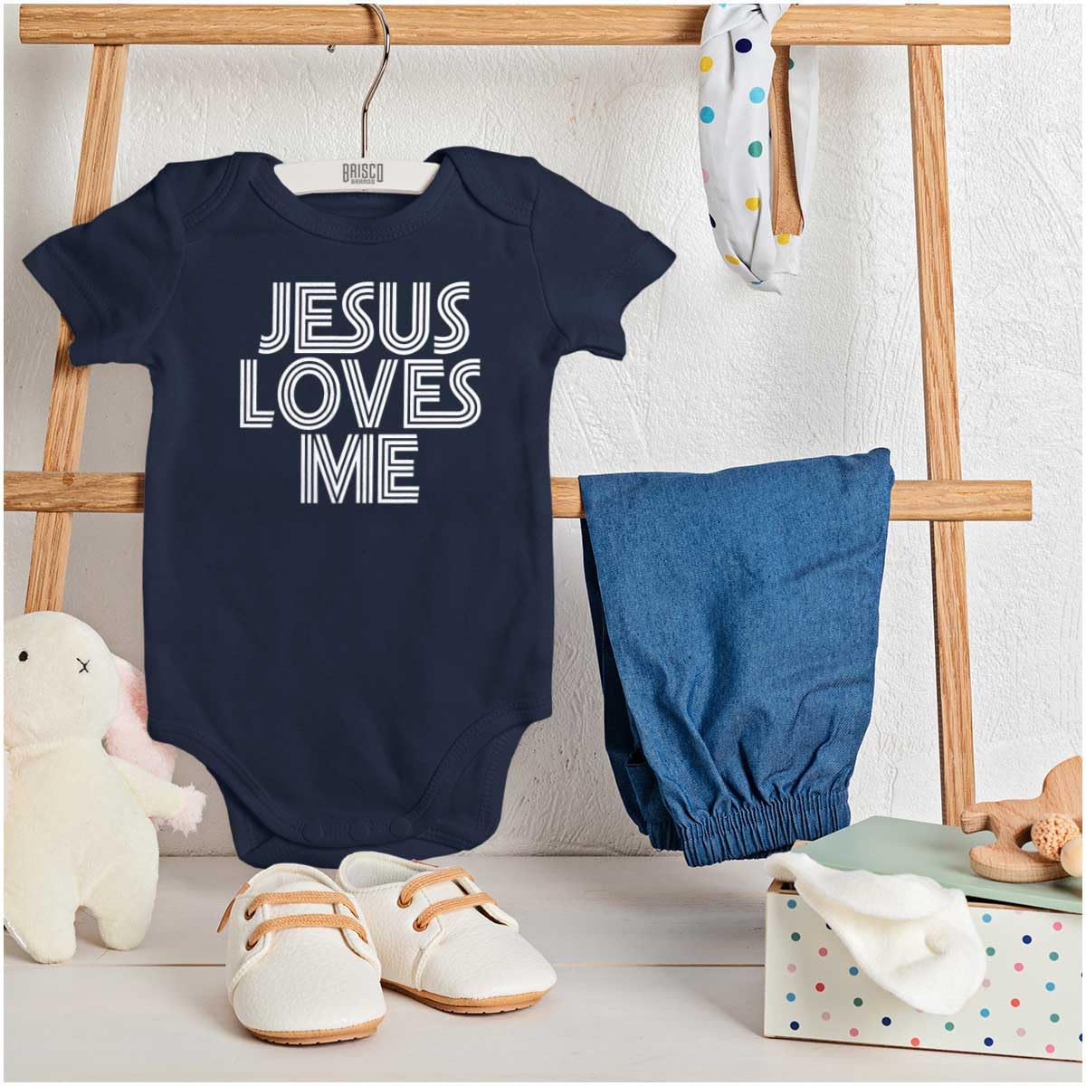 Brisco Brands Jesus Loves Me Retro Christian Baby Romper Boys or Girls