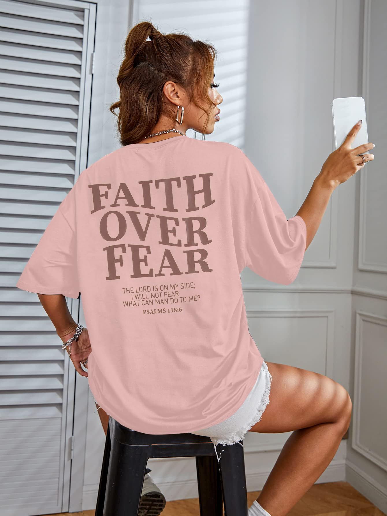 BANGELY Faith Over Fear Shirt Women Graphic Shirts Oversized Workout Gym Christian Religious Tees Drop Shoulder Tee Tops Grey