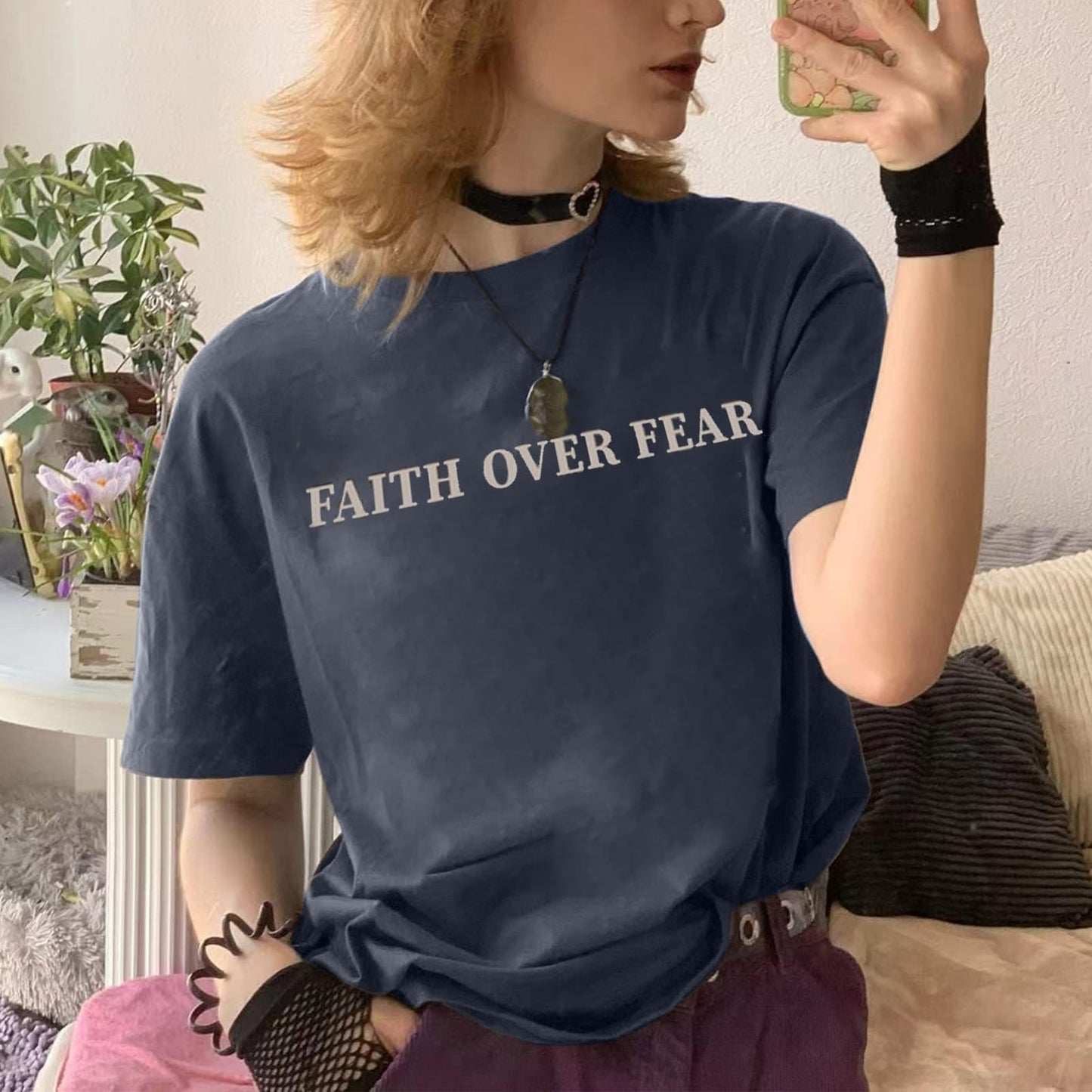BANGELY Faith Over Fear Shirt Women Graphic Shirts Oversized Workout Gym Christian Religious Tees Drop Shoulder Tee Tops Grey