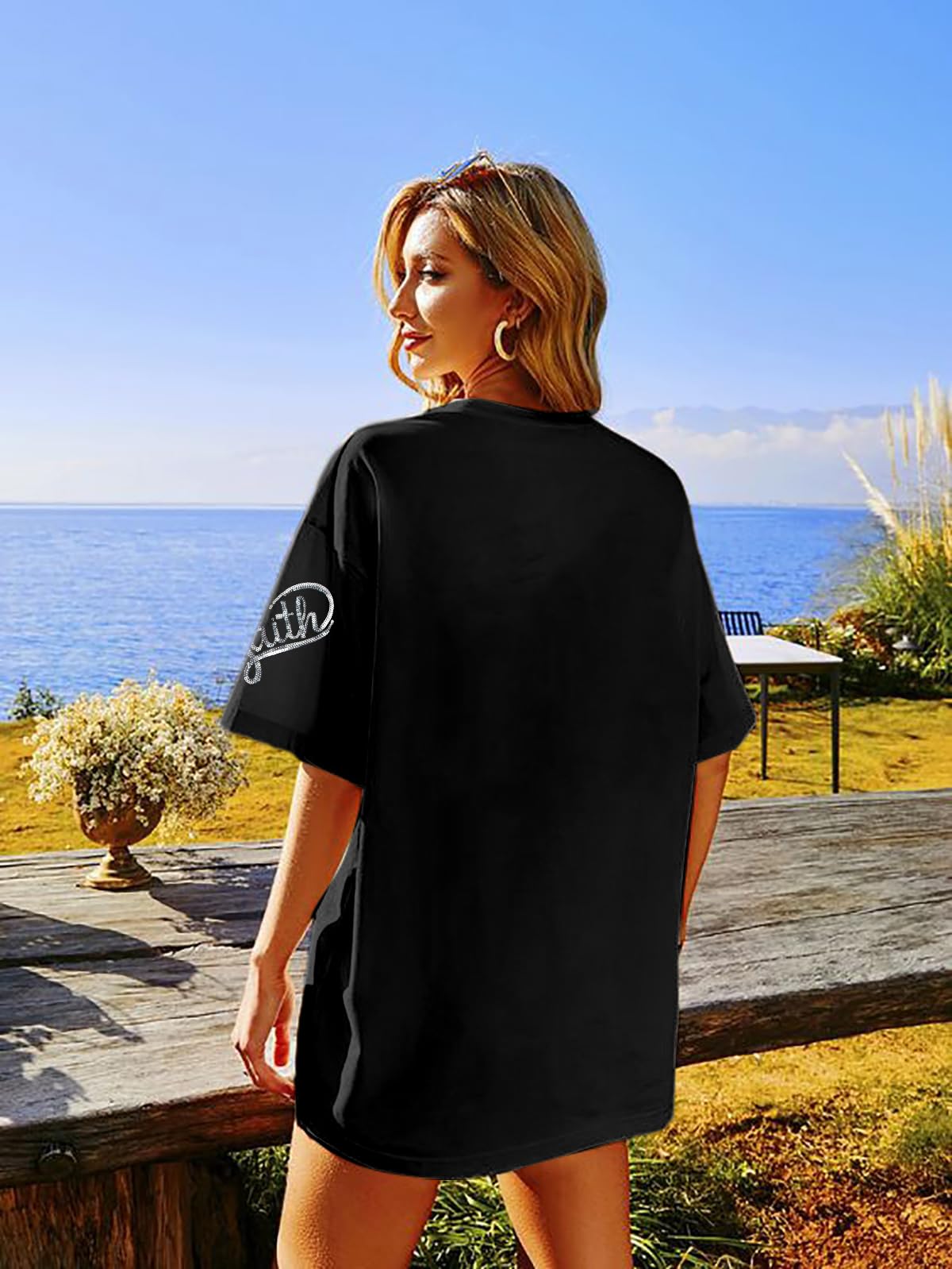 BANGELY Faith Over Fear Shirt Women Graphic Shirts Oversized Workout Gym Christian Religious Tees Drop Shoulder Tee Tops Grey