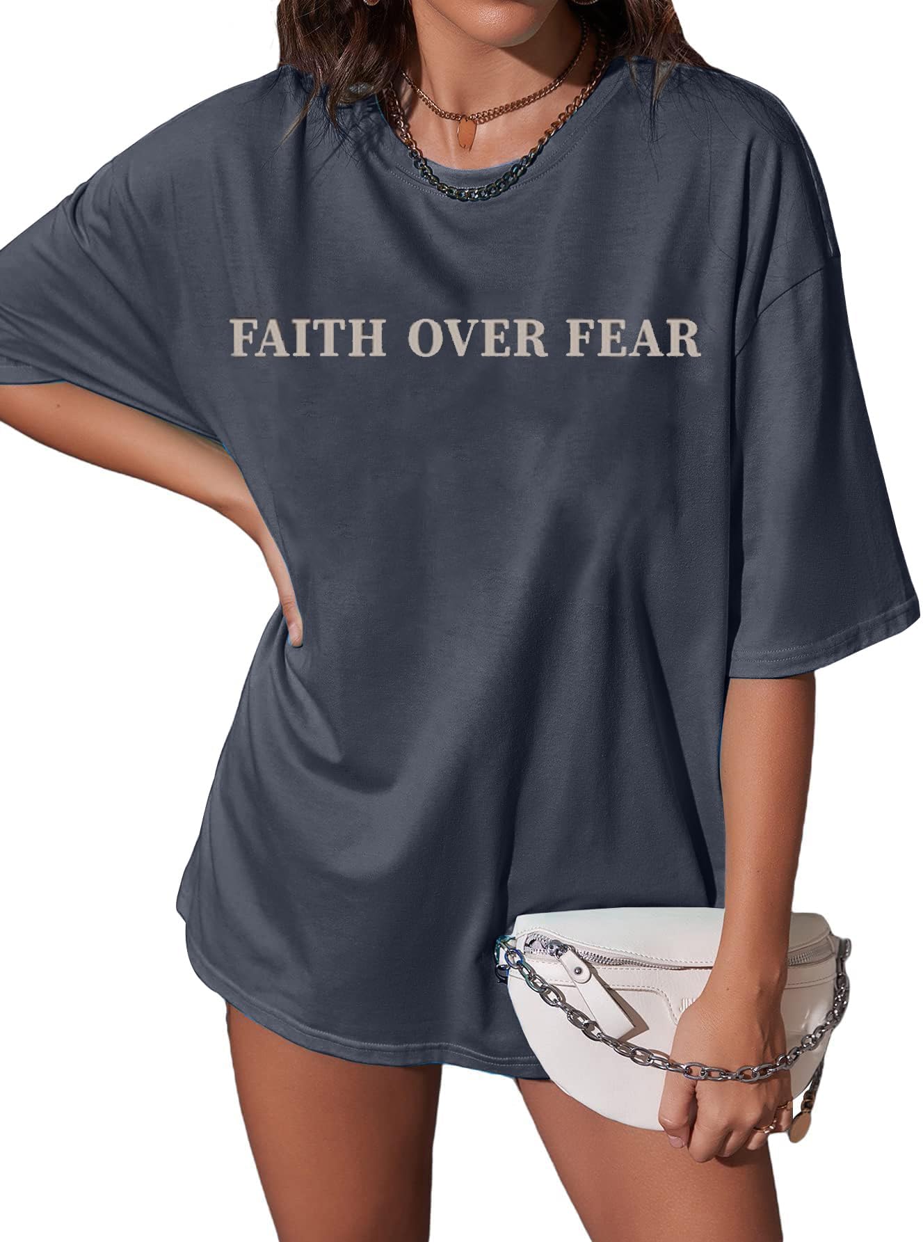 BANGELY Faith Over Fear Shirt Women Graphic Shirts Oversized Workout Gym Christian Religious Tees Drop Shoulder Tee Tops Grey