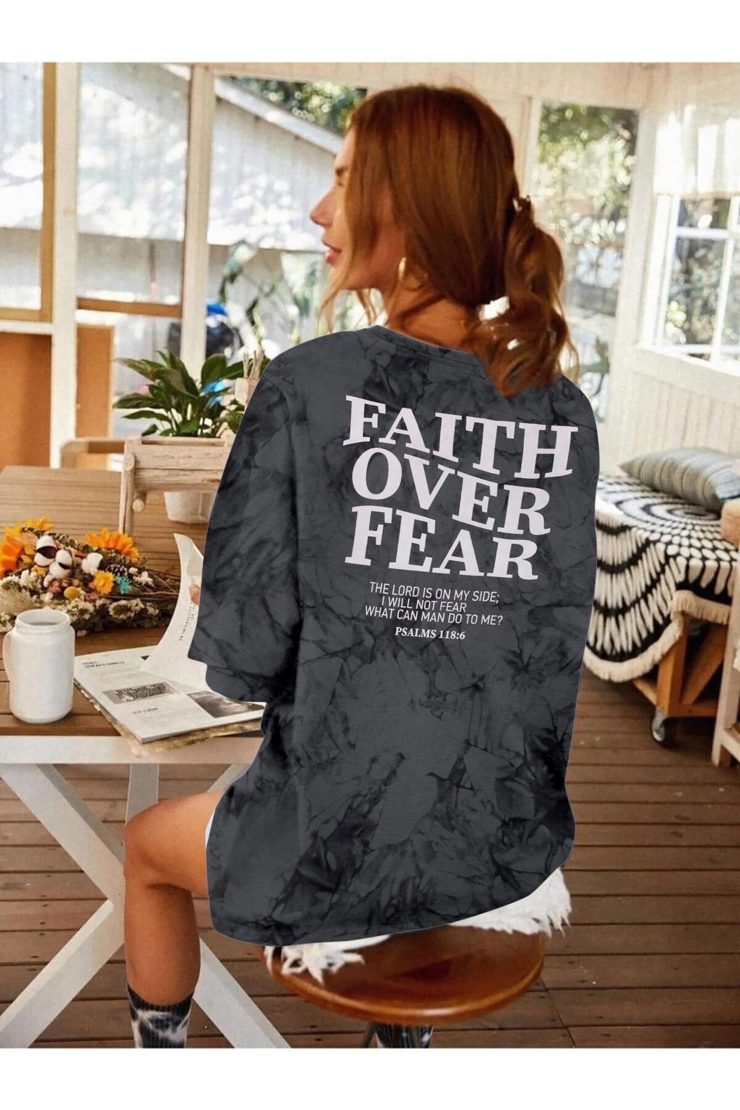 BANGELY Faith Over Fear Shirt Women Graphic Shirts Oversized Workout Gym Christian Religious Tees Drop Shoulder Tee Tops Grey